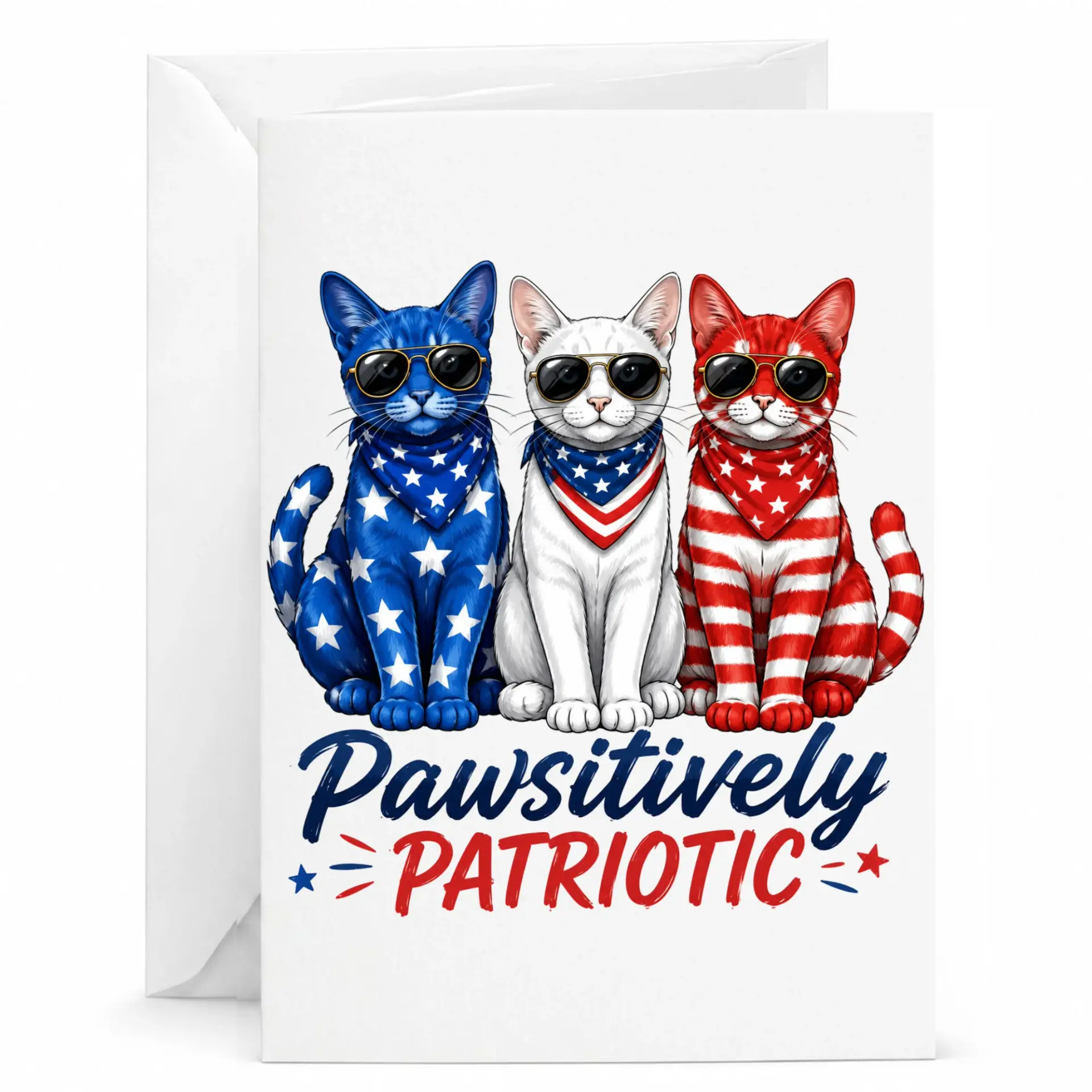 Funny Patriotic Cat Greeting Card Pawsitively Theme for Birthdays and Holidays with Matching White Envelope