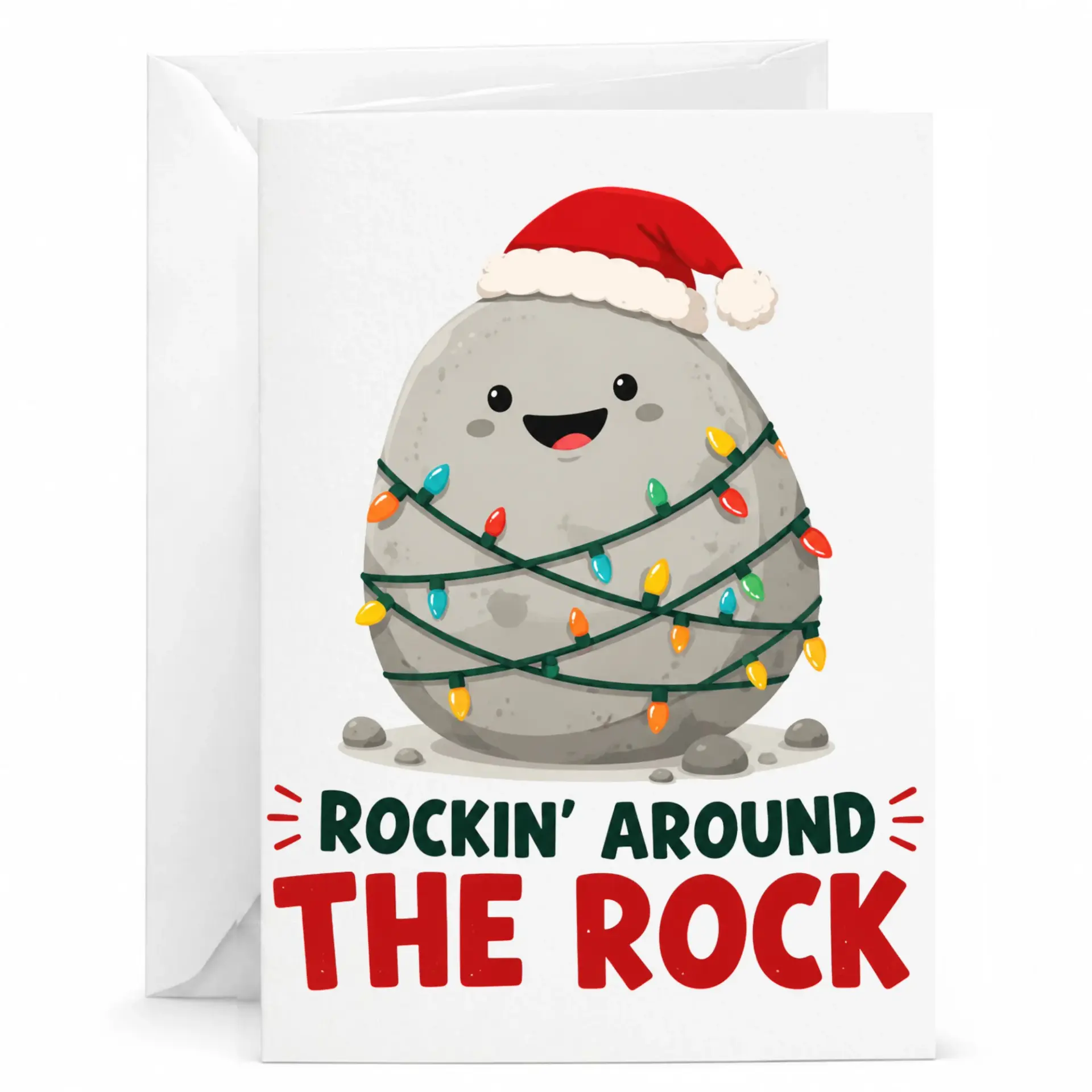 Funny Greeting Card Rockin Around the Rock Holiday Pun Design Folded Stationery for Seasonal Greeting and Celebration