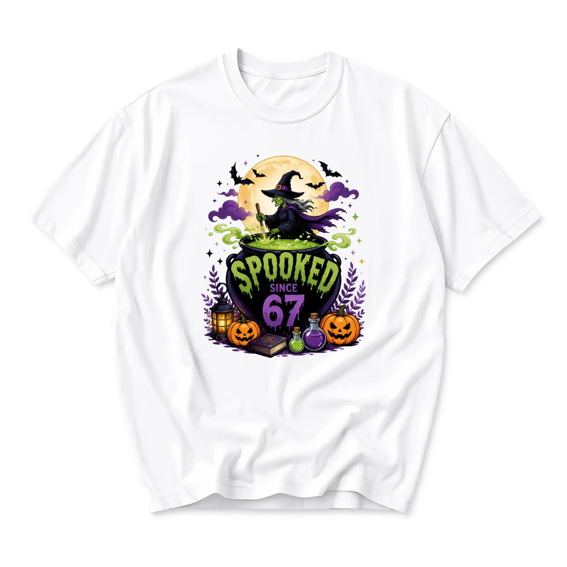 Graphic Tee Spooked Since 67 Halloween Witch Cauldron Unisex Crew Neck T-Shirt for Casual Wear and Holiday Outfit