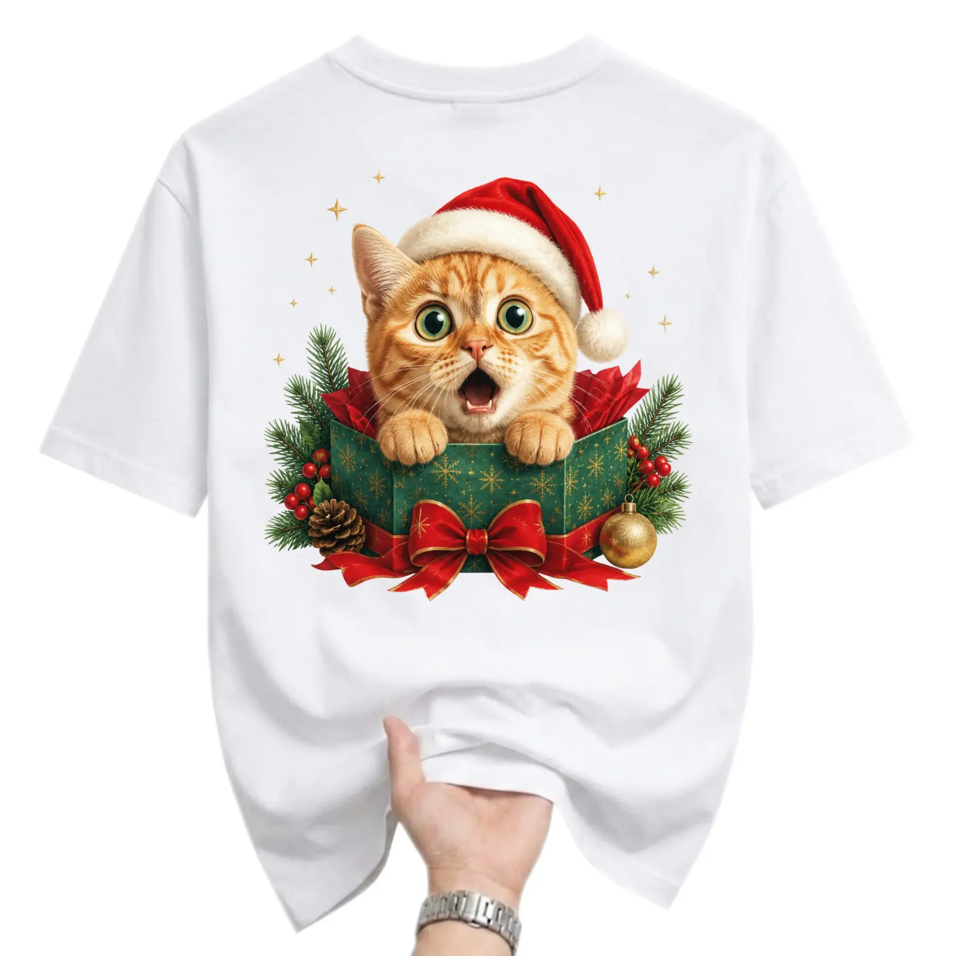 Graphic Tee Christmas Cat in Gift Box Shirt Festive Holiday Unisex Crew