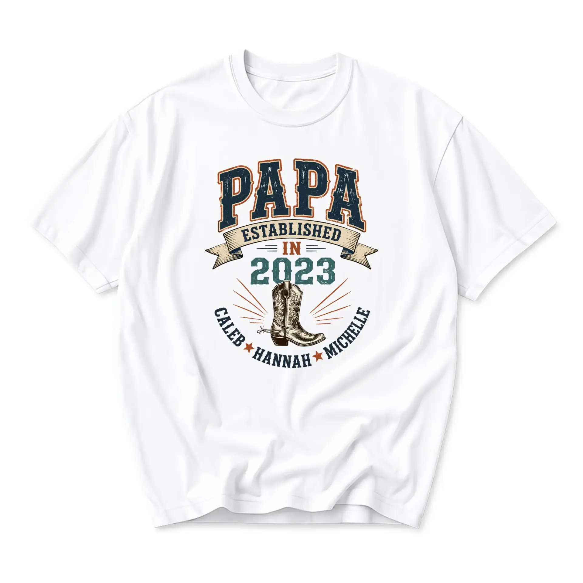 Graphic Tee Papa Established in 2023 Western Cowboy Boot Design Shirt for Men Casual Everyday Short Sleeve Crew Neck