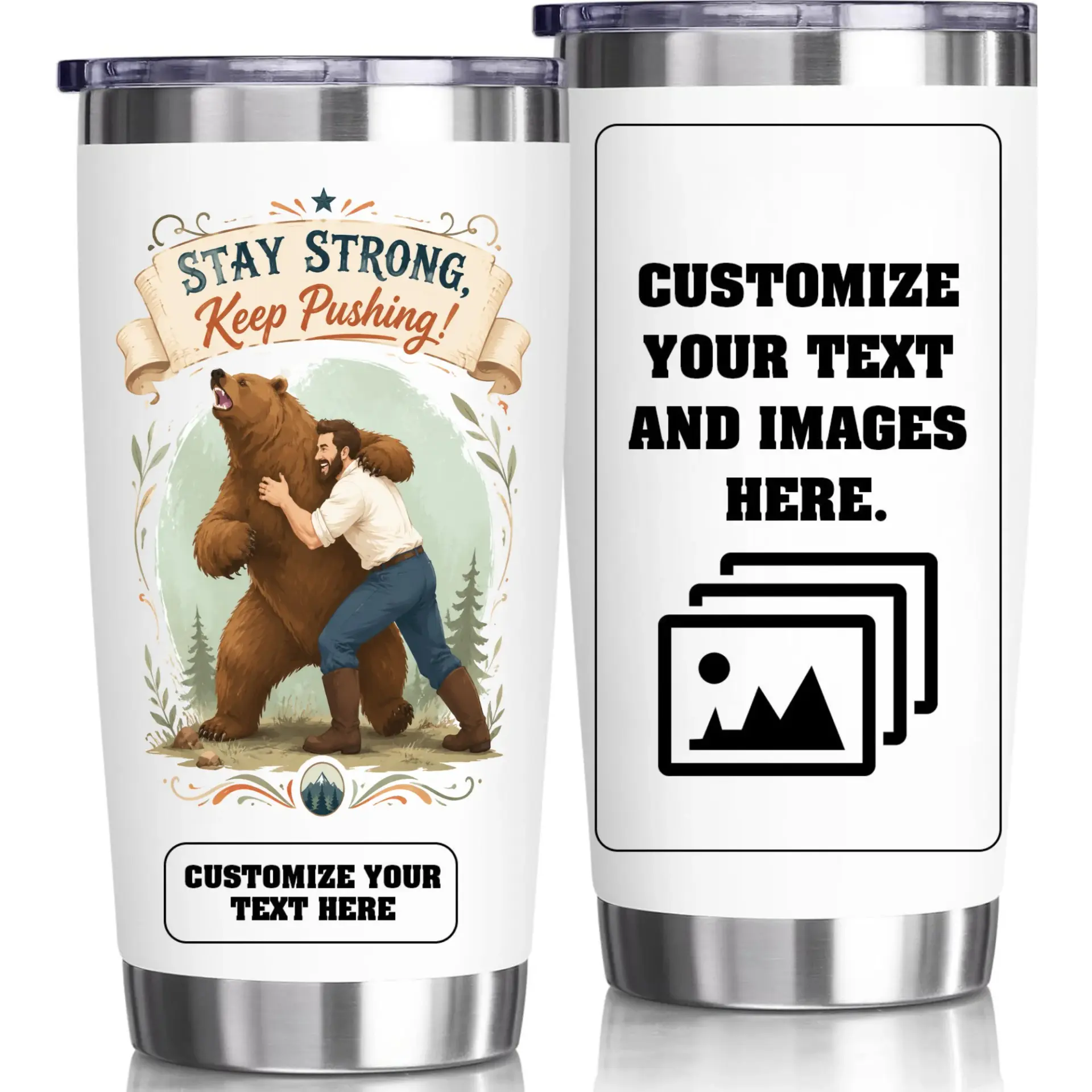 Stainless Steel Tumbler 20oz Insulated Cup Featuring Bear Wrestling Design Motivational Adventure Travel Drinkware Gift