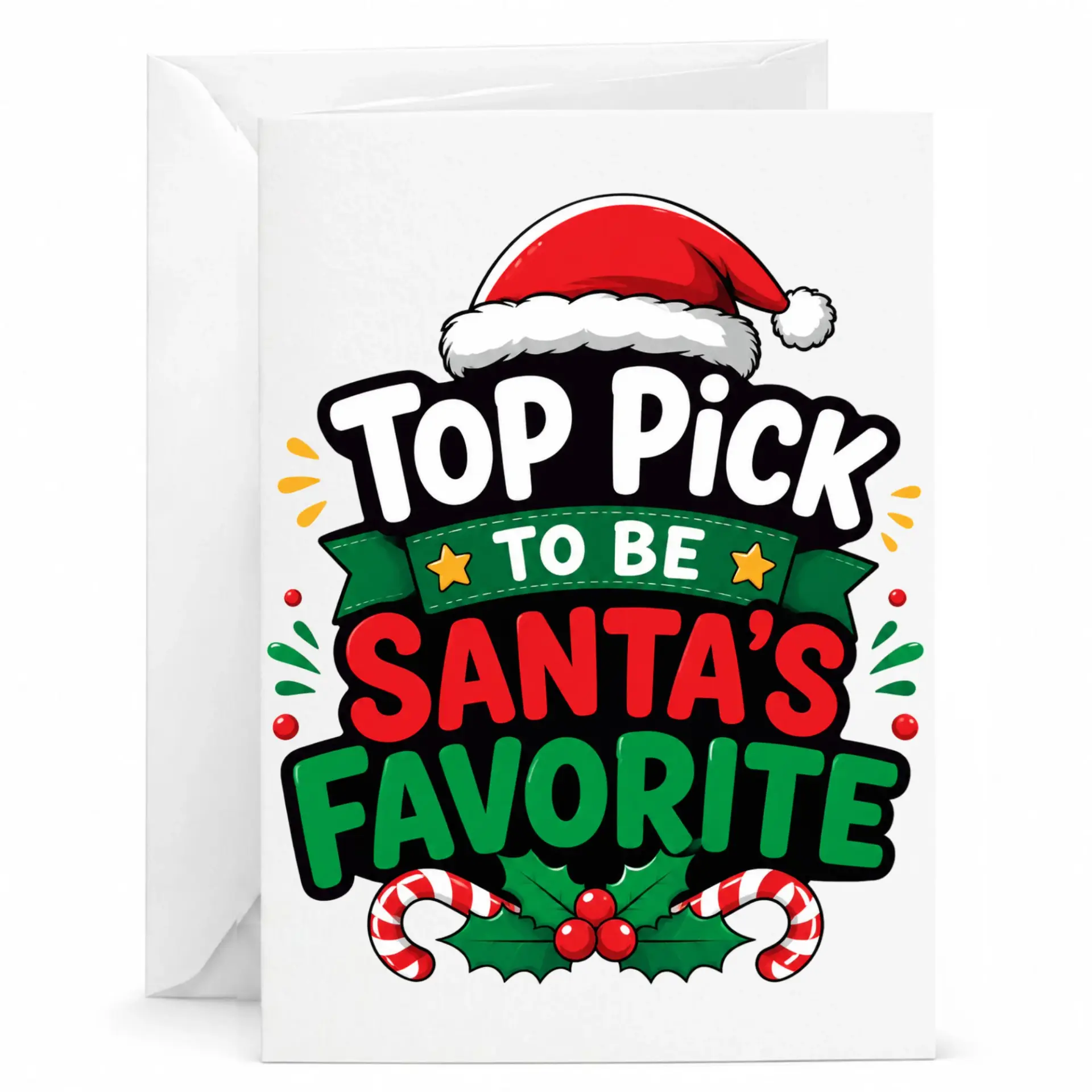 Funny Holiday Greeting Card Top Pick to Be Santa Favorite Festive Seasonal Design with Matching White Envelope Included