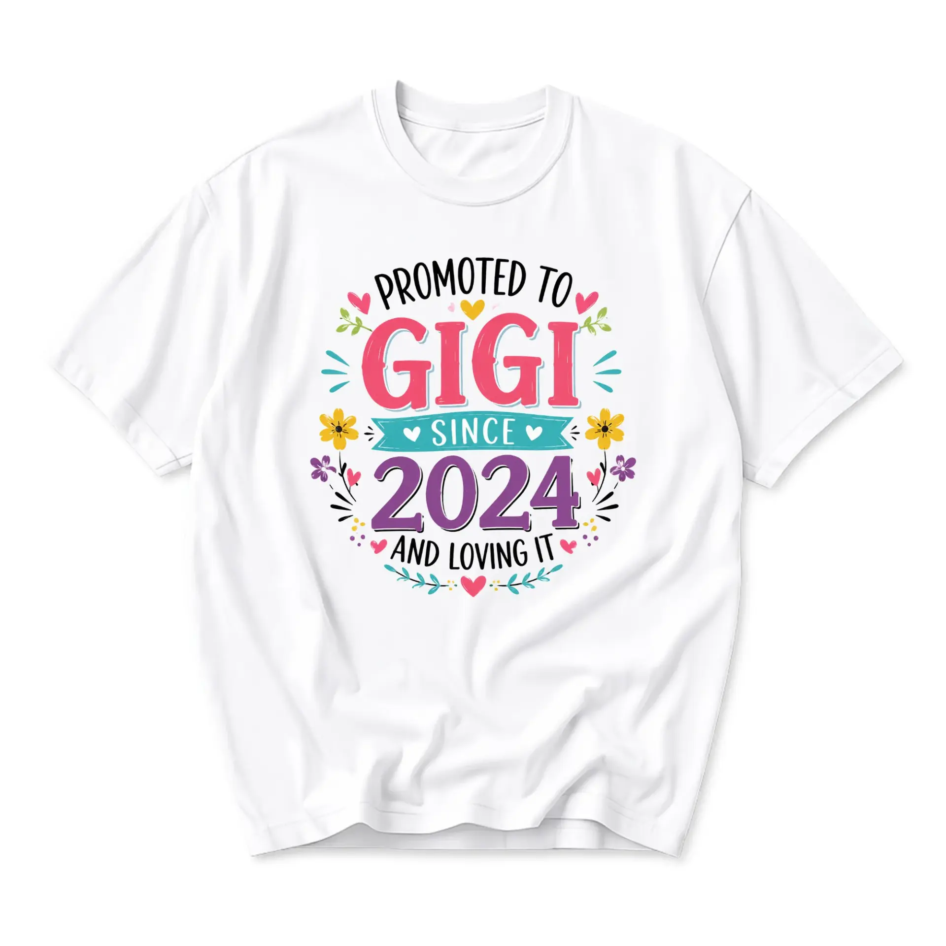 T-shirt Promoted to Gigi Since 2024 Floral Graphic Tee Unisex Casual Crew