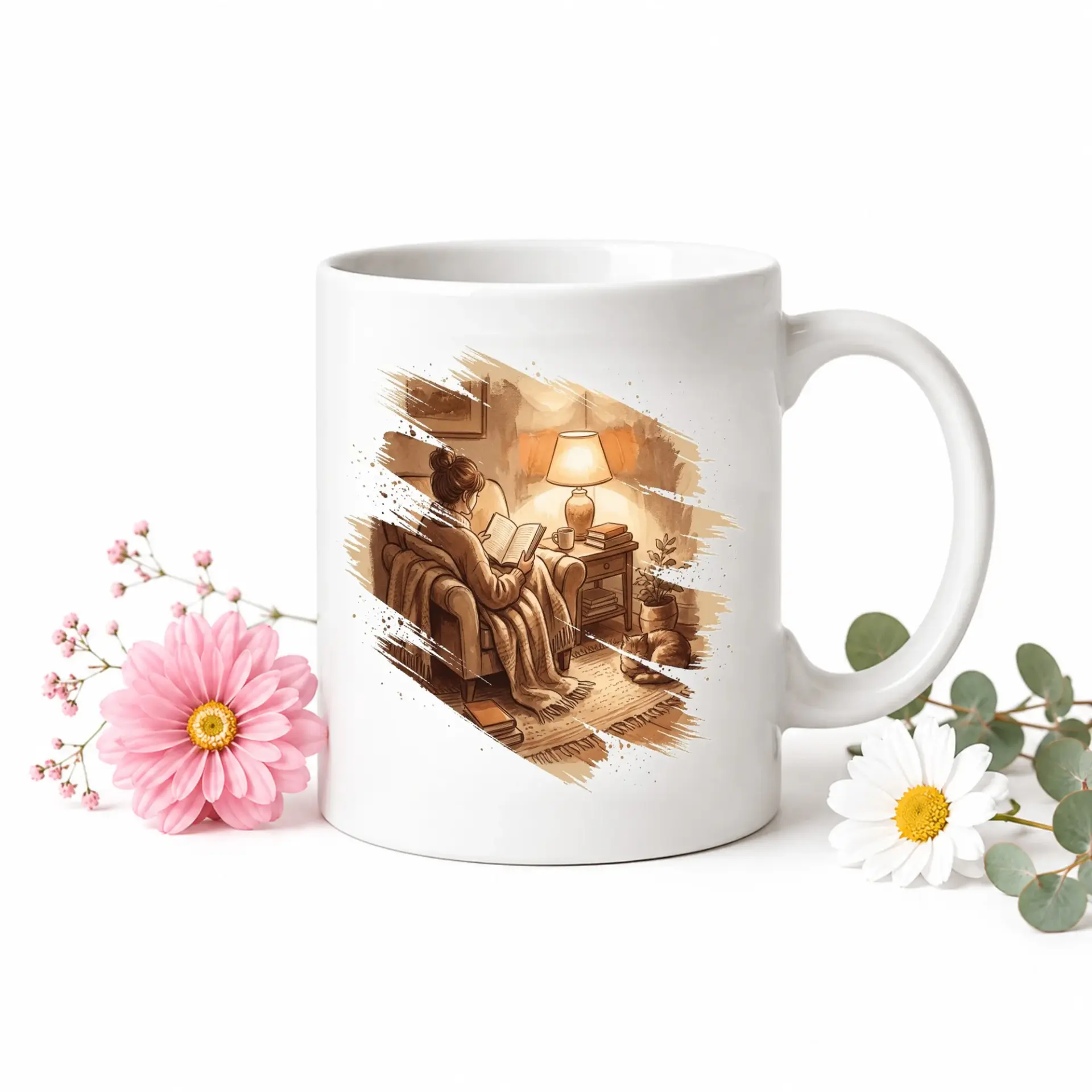 Reading Illustration Coffee Mug Featuring a Person in a Chair with a Cat Comfortable Room Setting