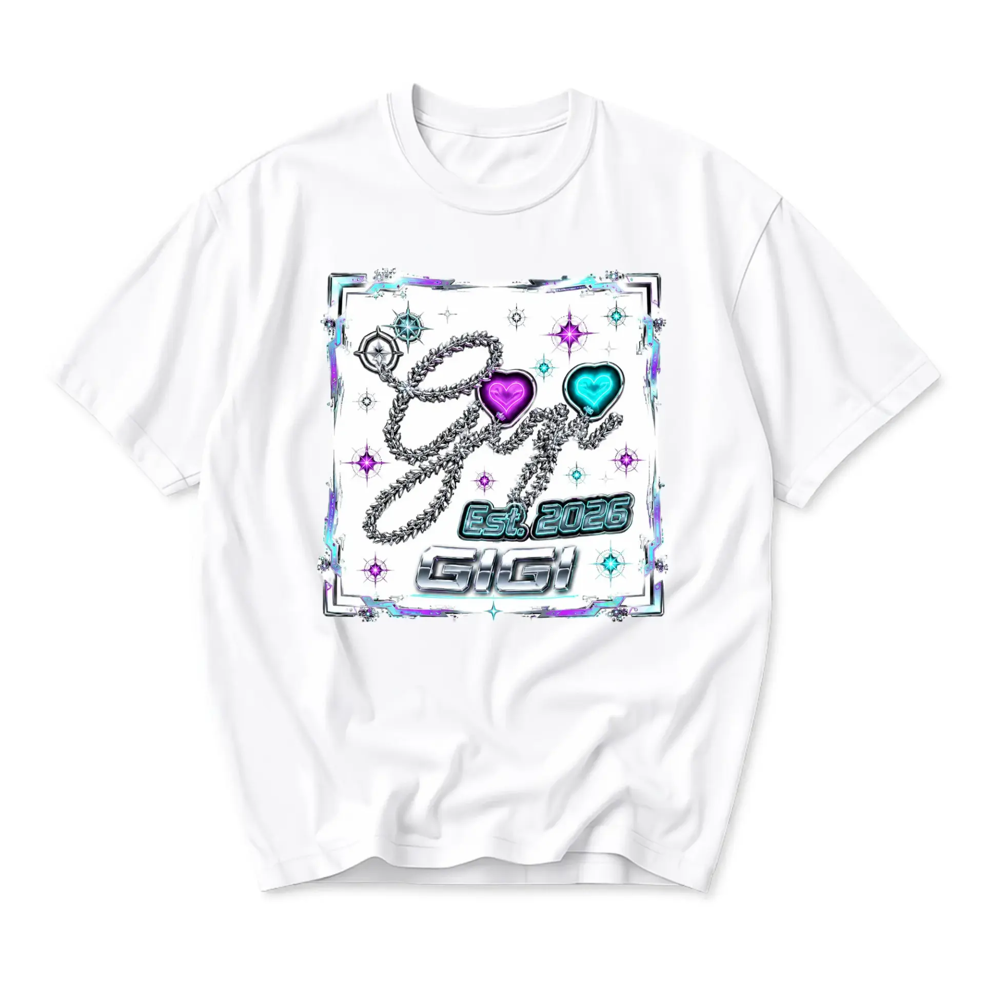 Graphic Tee Unisex Crew Neck T-Shirt Featuring Custom Y2k Aesthetic Gigi Est 2026 Typography Print Design