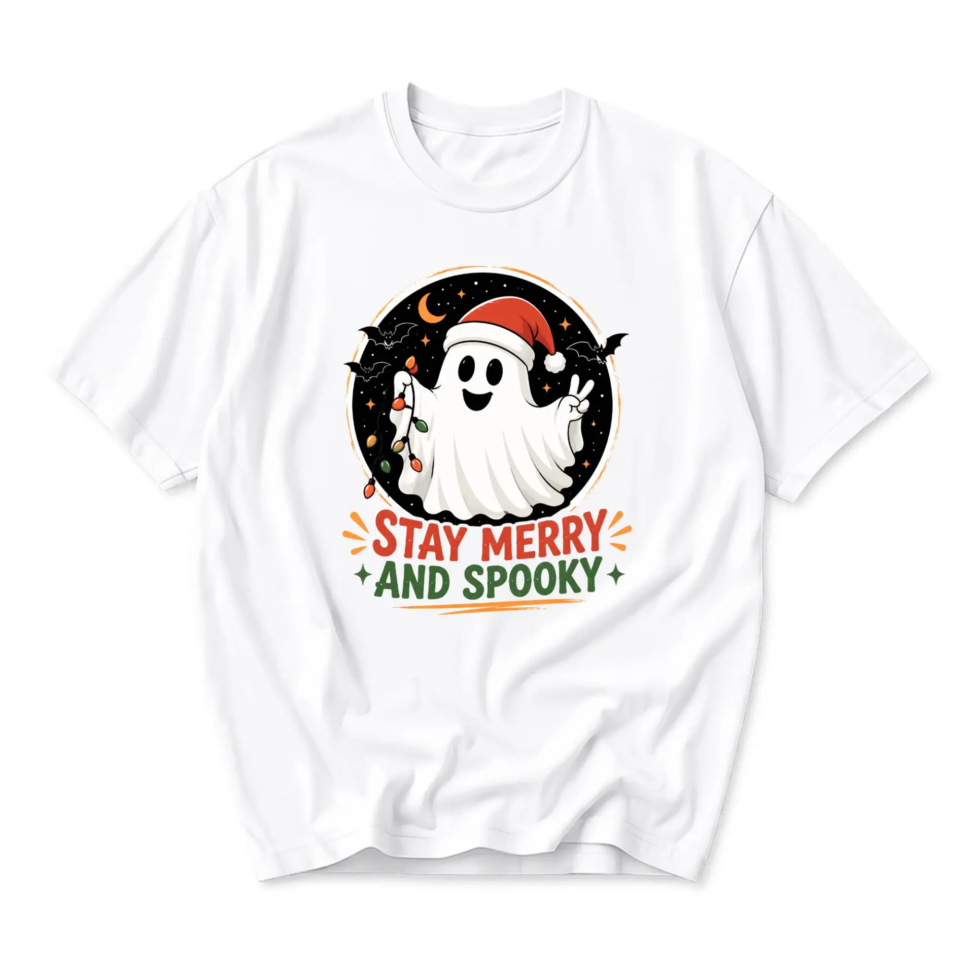 Graphic Tee Stay Merry and Spooky Ghost Wearing Santa Hat Holiday Seasonal Unisex Crew Neck Cotton Blend Shirt