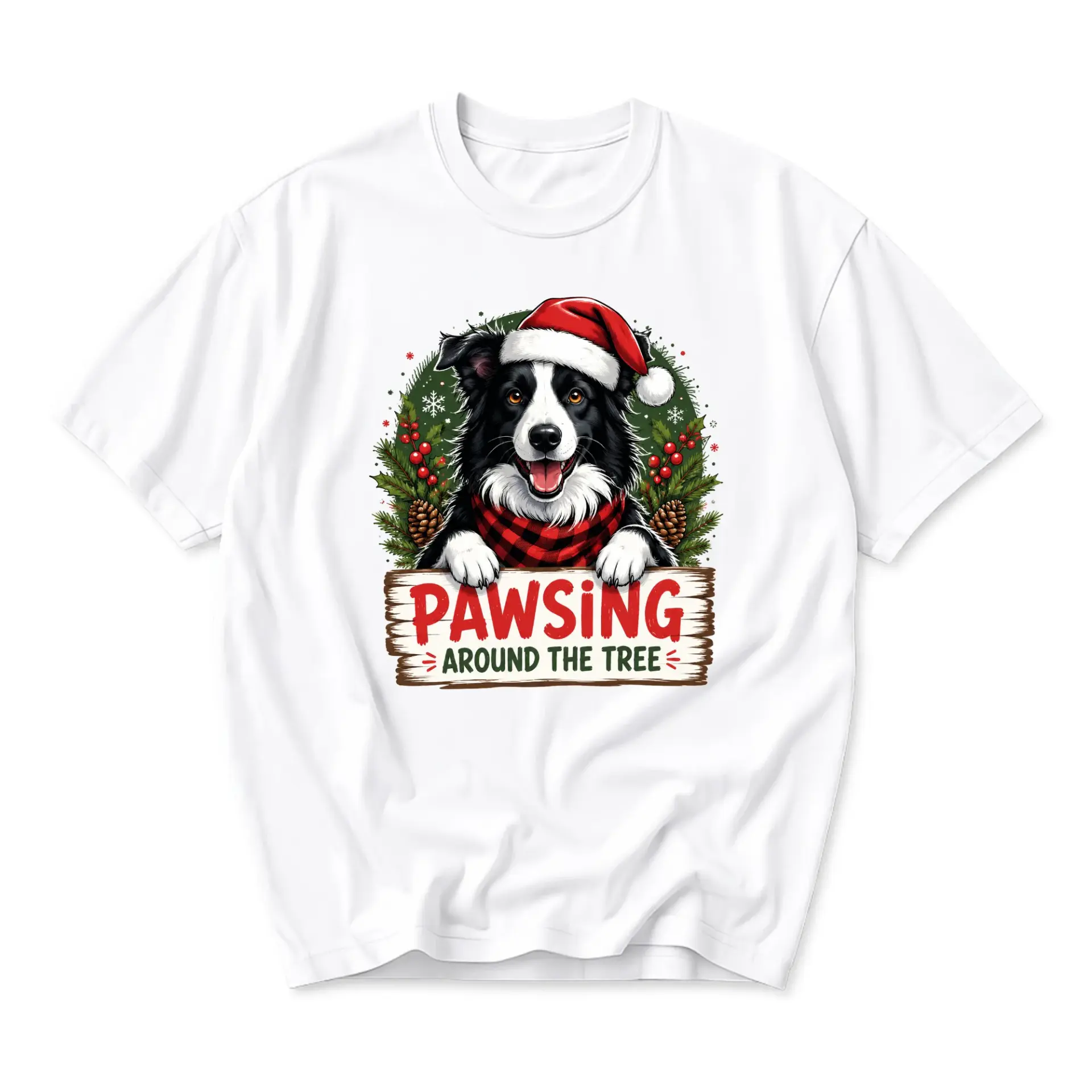 Funny Shirt Pawsing Around the Tree Border Collie Christmas Graphic Tee