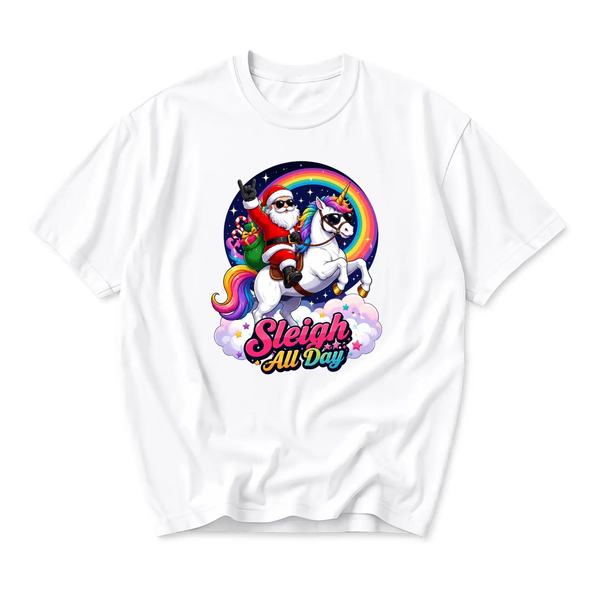 Funny Shirt Sleigh All Day Santa Riding Unicorn Graphic Tee Unisex Crew Neck Holiday Apparel for Casual Wear