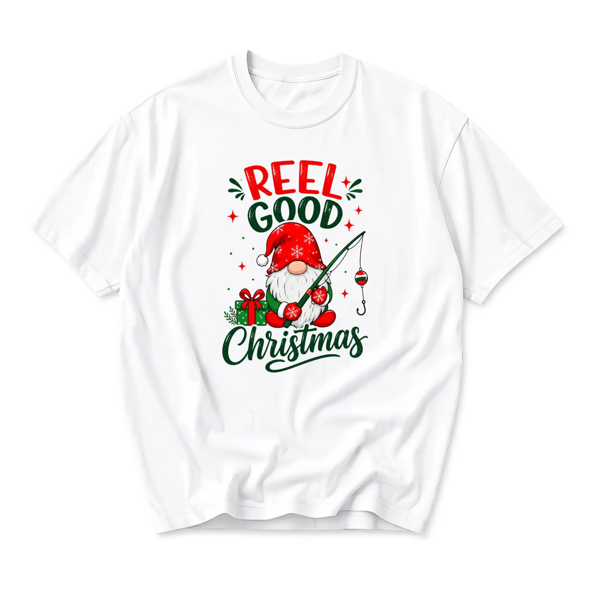 Graphic Tee Reel Good Christmas Fishing Gnome Holiday Shirt Seasonal Unisex Crew Neck Short Sleeve Casual Cotton Top