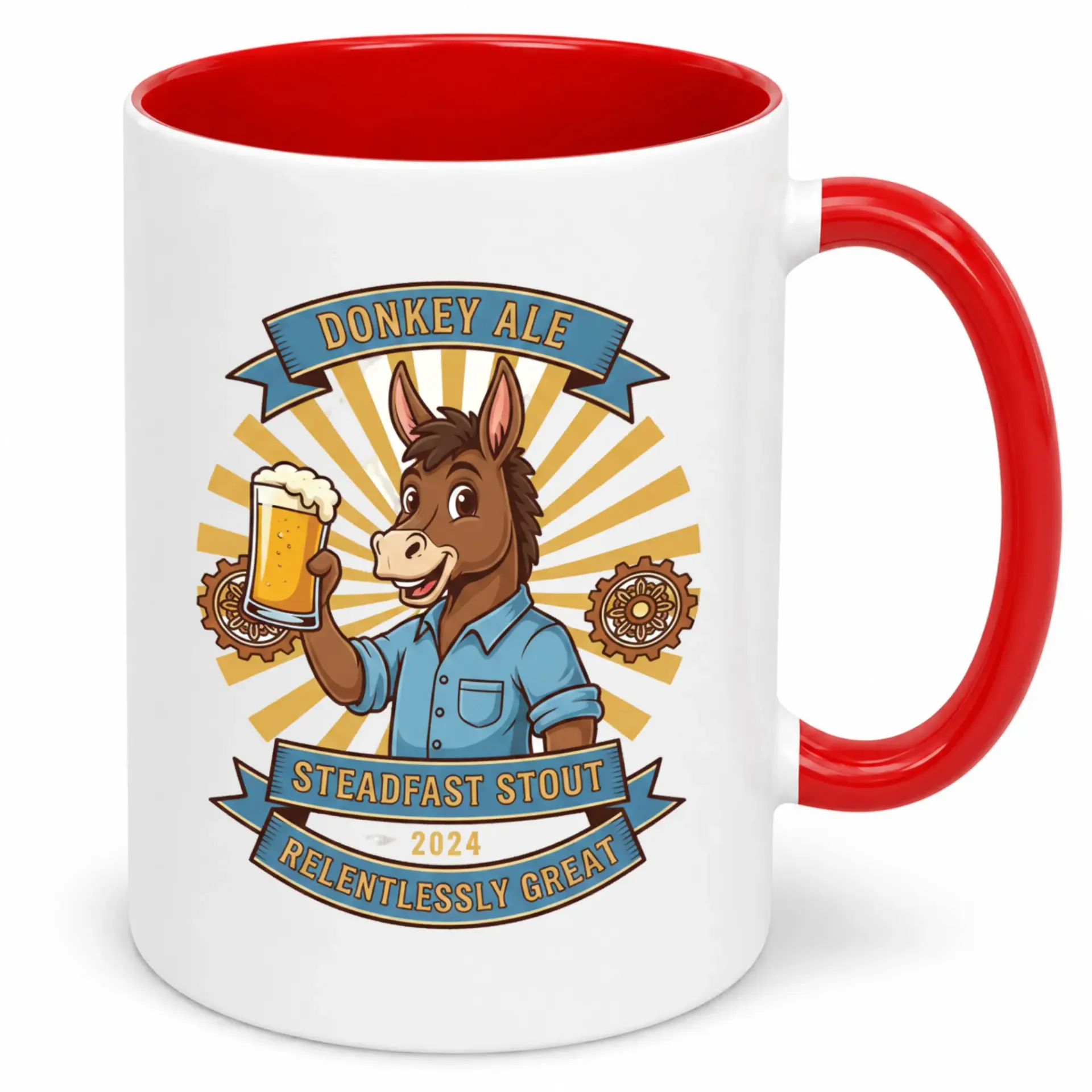 Funny Donkey Ale Steadfast Stout Ceramic Coffee Mug with Cartoon Donkey Beer Drinker Design, 11oz or 15oz Beverage Cup for Home Office Gift