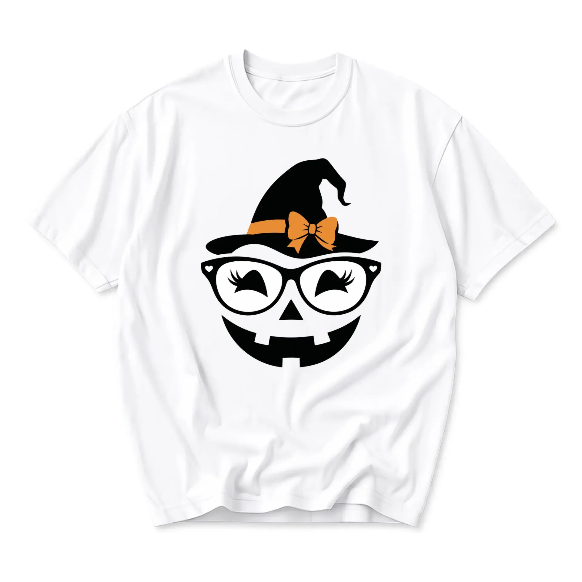 Graphic Tee Unisex Crew Neck T-Shirt Featuring a Cute Witch Hat Pumpkin Face Design for Fall Seasonal Casual Wear Style