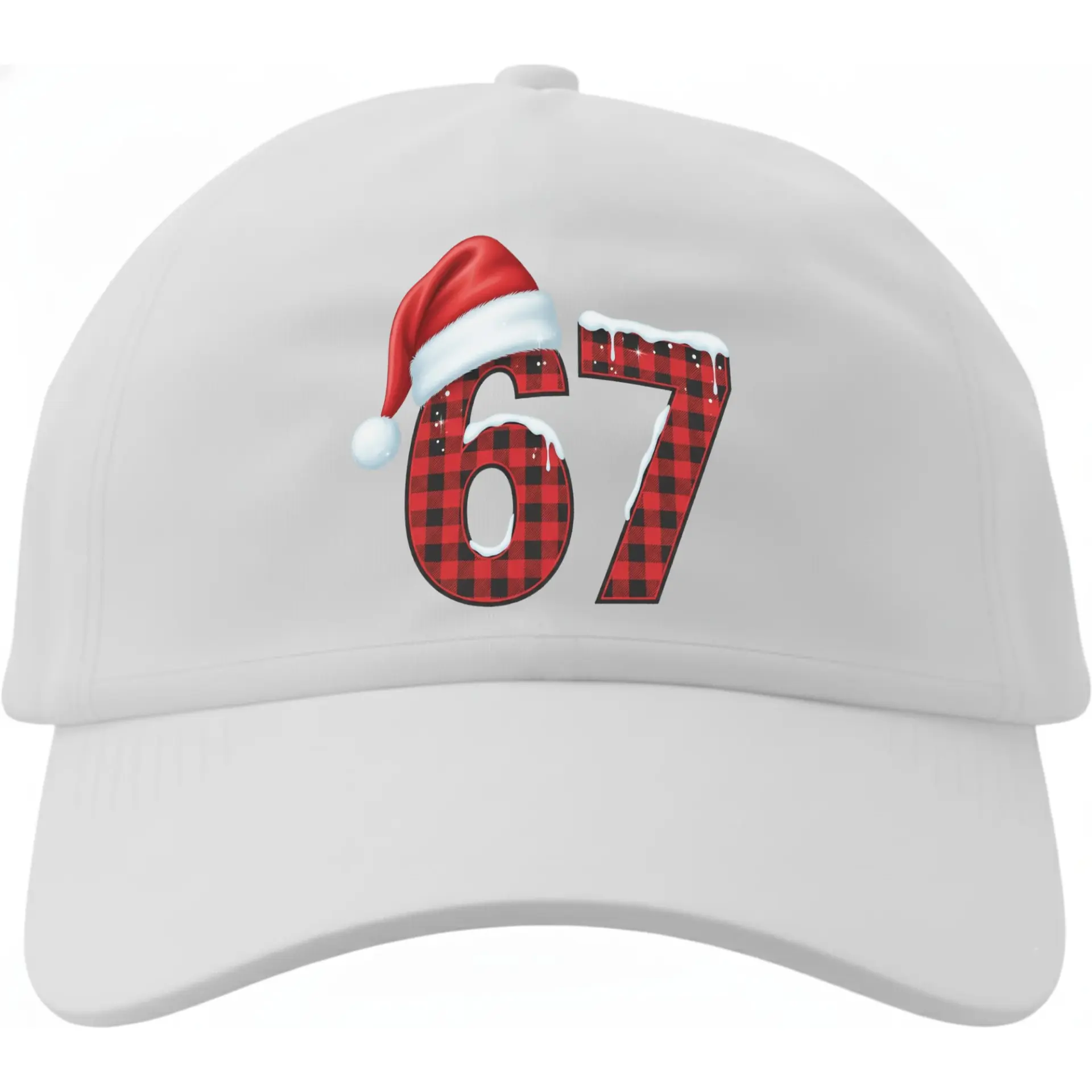 Baseball Cap Festive Buffalo Plaid Number 67 Winter Holiday Design White Cotton Adjustable Hat for Adults