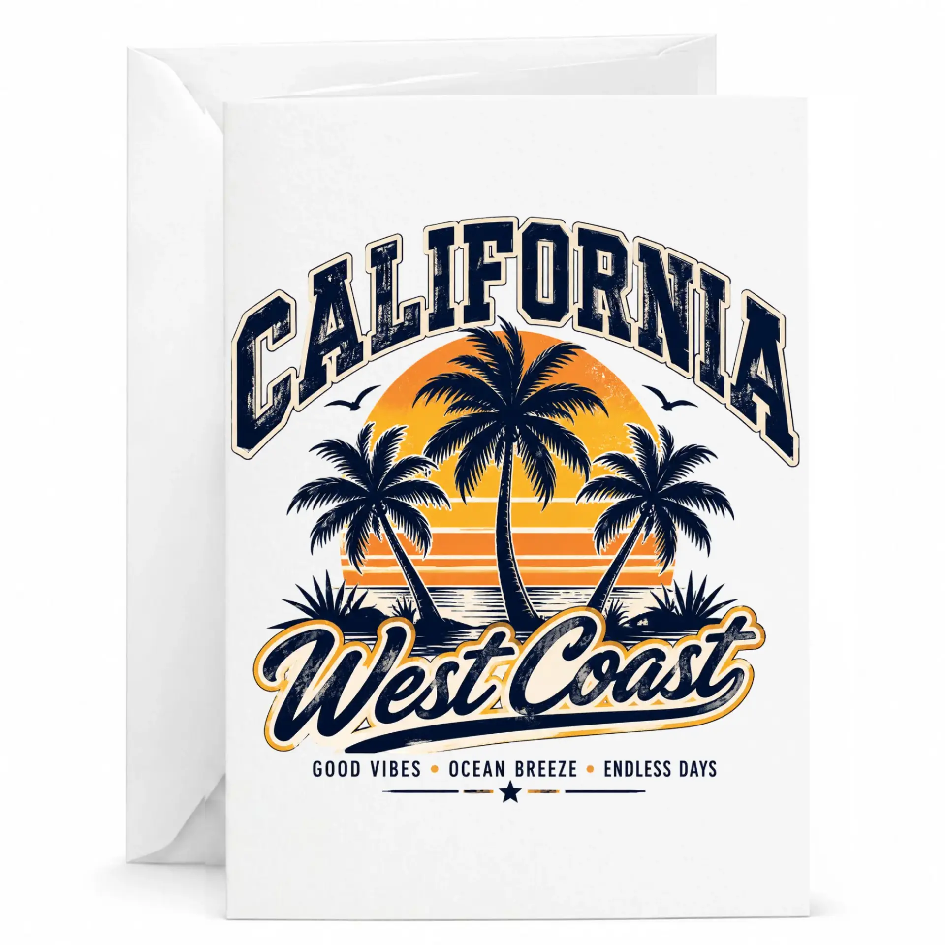 Greeting Card California West Coast Palms Sunset Vintage Style Stationery for Travel Lovers and Beach Enthusiasts