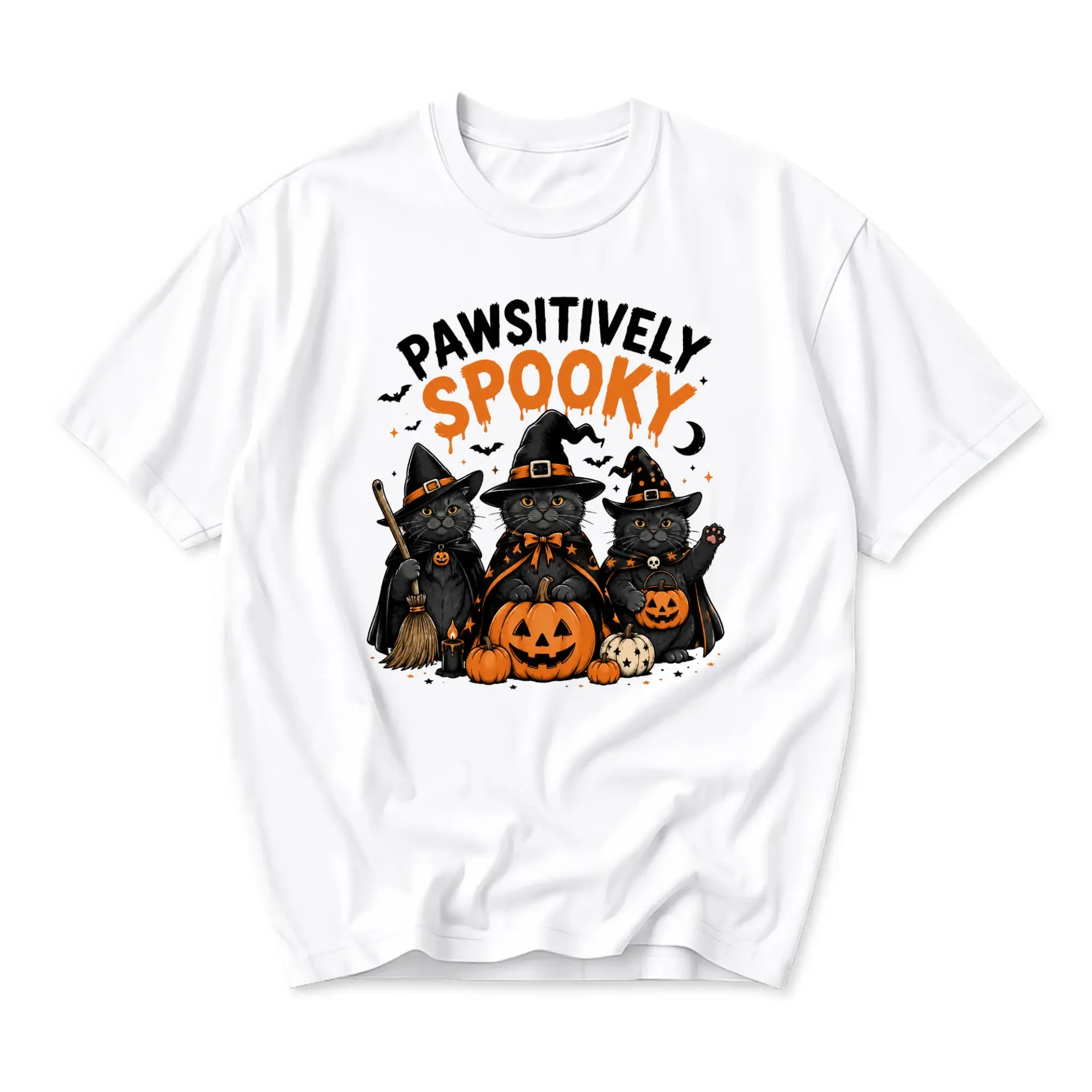 Funny Shirt Pawsitively Spooky Halloween Black Cat Graphic Tee Unisex Crew Neck Casual Cotton Blend Fall Apparel
