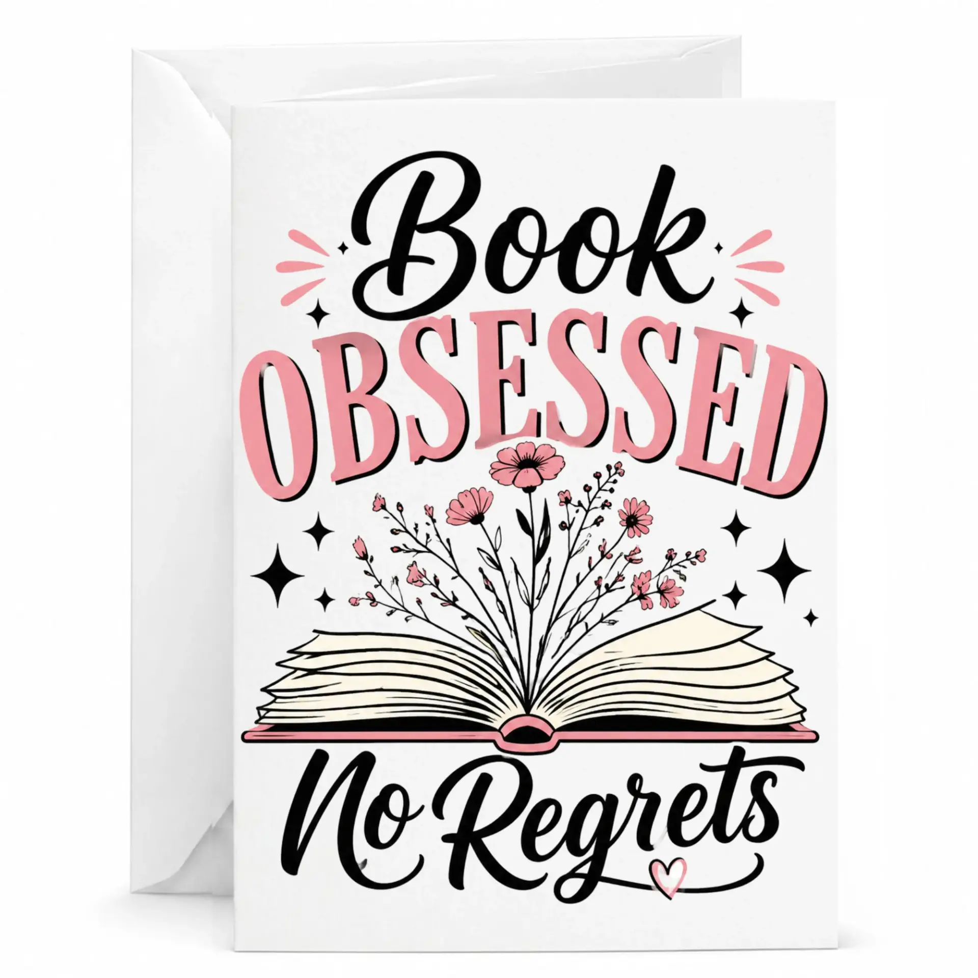 Funny Book Obsessed Greeting Card for Book Lovers Featuring Floral Open Book Illustration and Handwritten Script