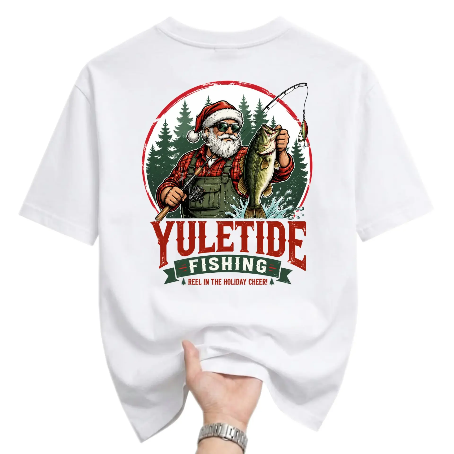 Graphic Tee Unisex Crew-Neck T-Shirt Featuring Santa Claus Fishing Design for Holiday Season Casual Apparel Wear