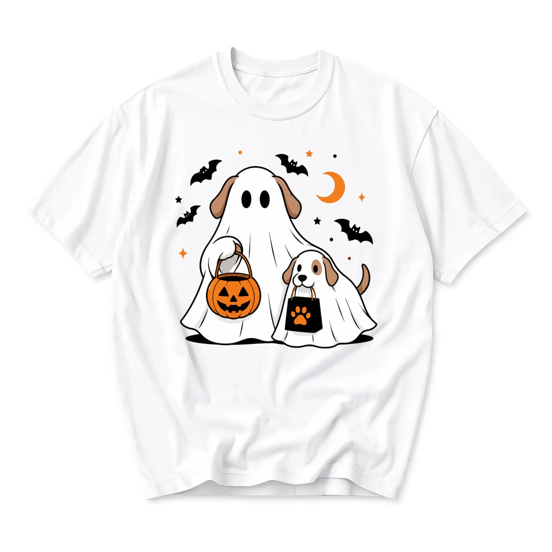 Graphic Tee Cute Dog Ghost Trick or Treat Shirt Unisex Crew Neck Short Sleeve Casual Autumn Holiday Apparel White