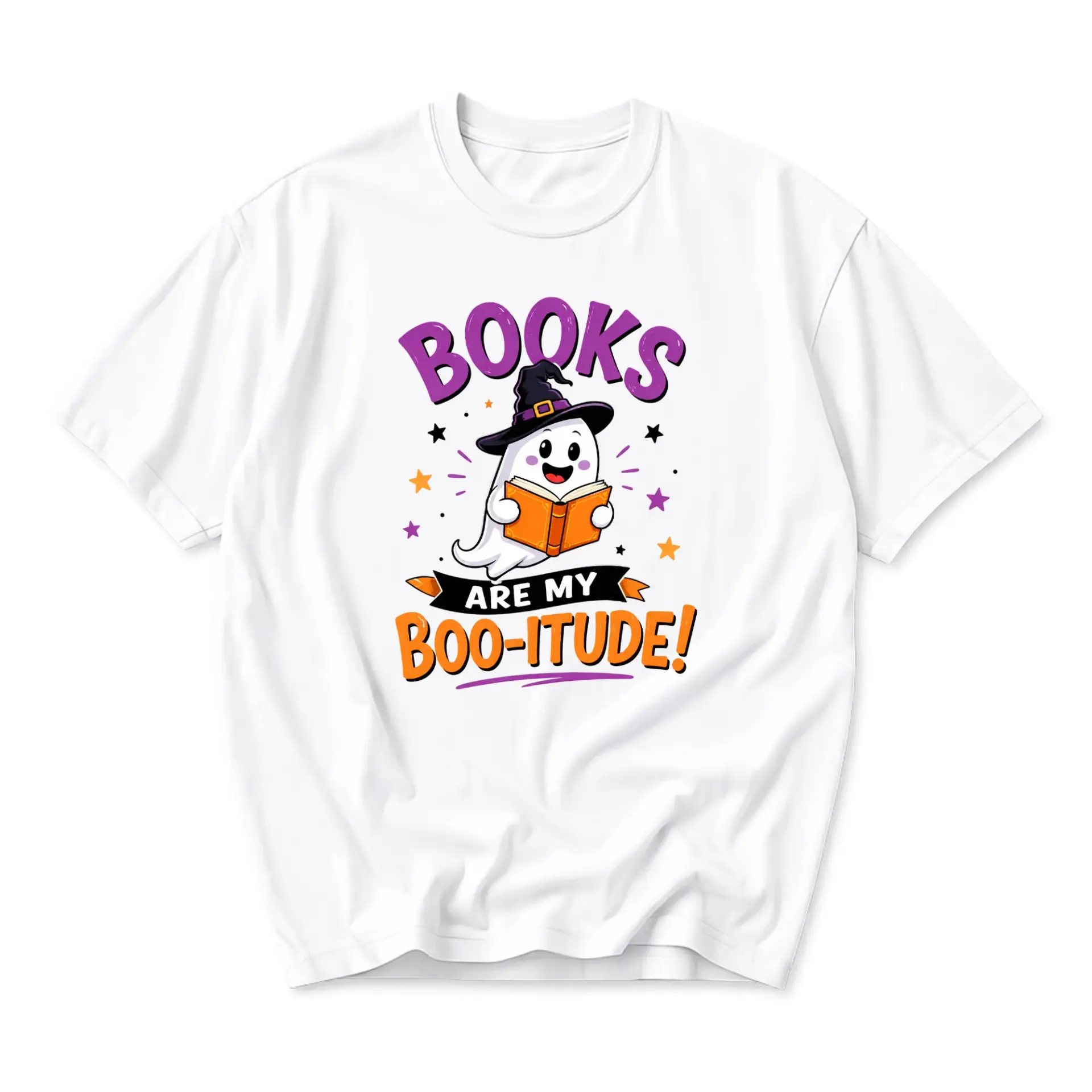 Graphic Tee Books Are My Boo-Itude Funny Ghost Reading Shirt Unisex Casual Short Sleeve Crew Neck Cotton Blend Top