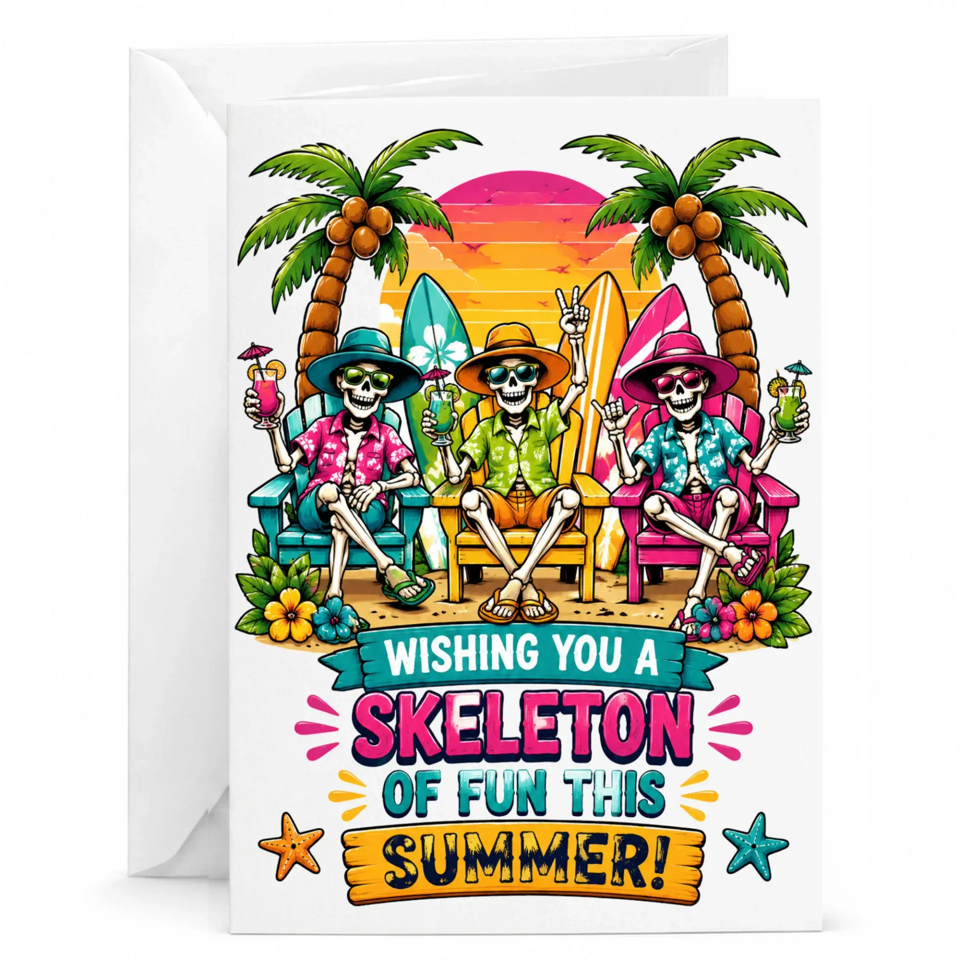 Funny Summer Skeleton Greeting Card Tropical Vacation Beach Theme Birthday for Friends 5x7 Inches with Envelope