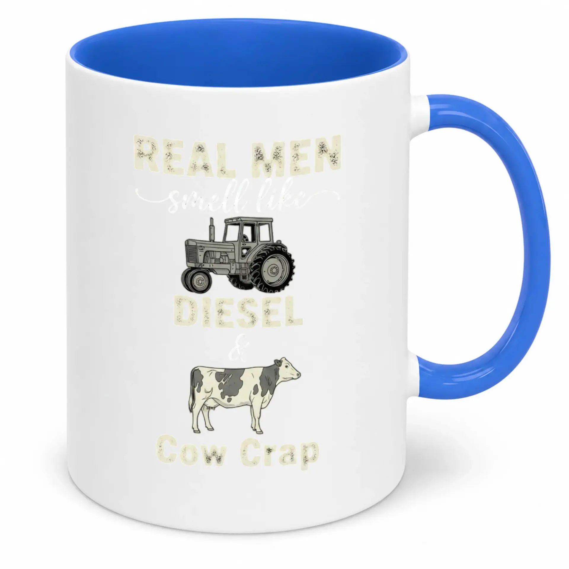 Funny Farming Life Coffee Mug for Real Men Tractor and Cow Design Ceramic Cup Unique Rural Lifestyle Beverage Container with Blue Handle Great Gift Farmers & Country Enthusiasts