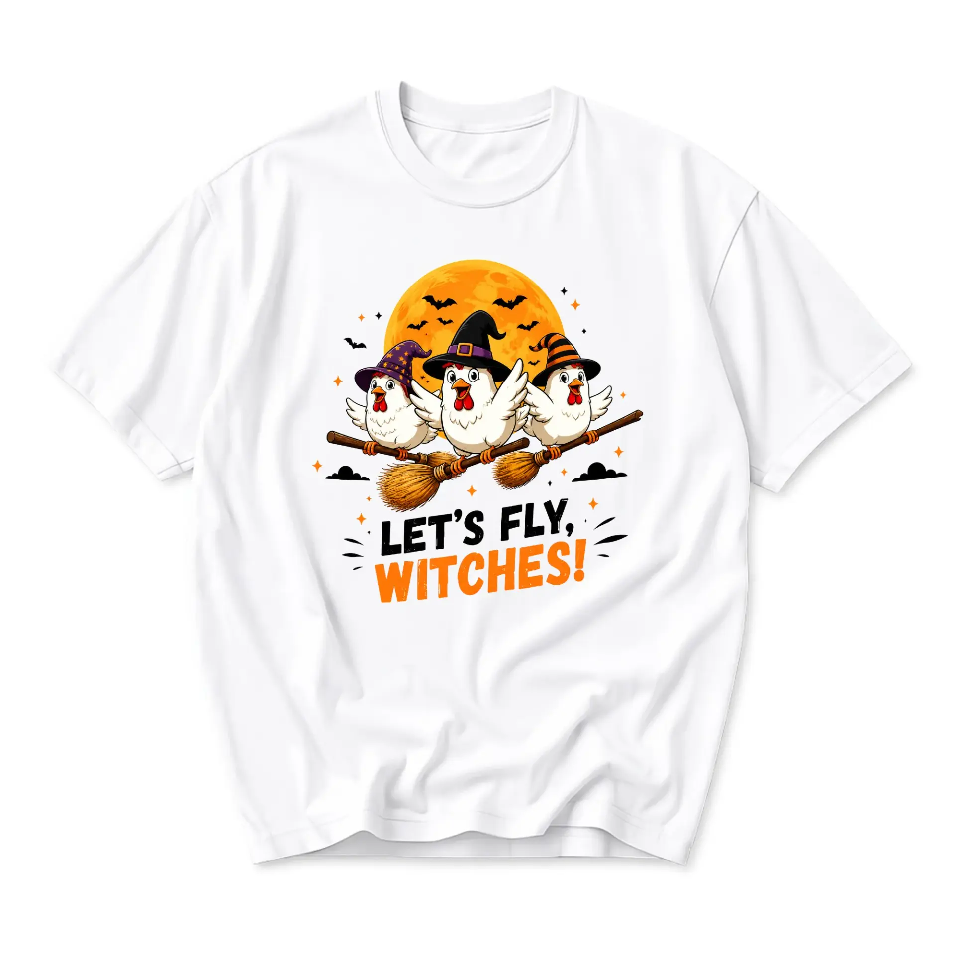 Funny Shirt Let’s Fly Witches Graphic Tee Halloween Chicken Witch Broomstick Cartoon Print Unisex Casual Crew Neck Top