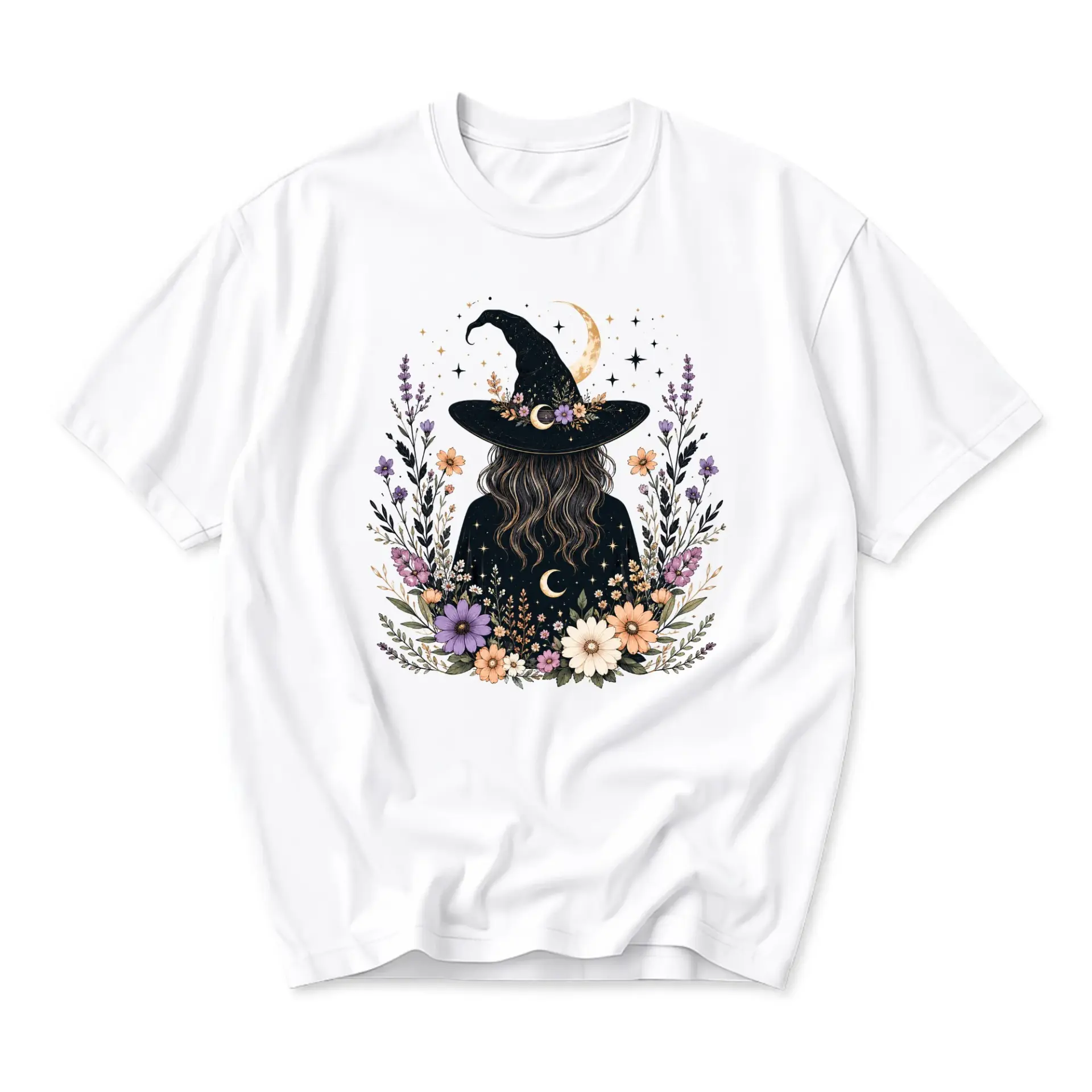 Graphic Tee Witch Hat Floral Moon Illustration Unisex Cotton Blend Short Sleeve Casual Crew Neck Everyday Top White