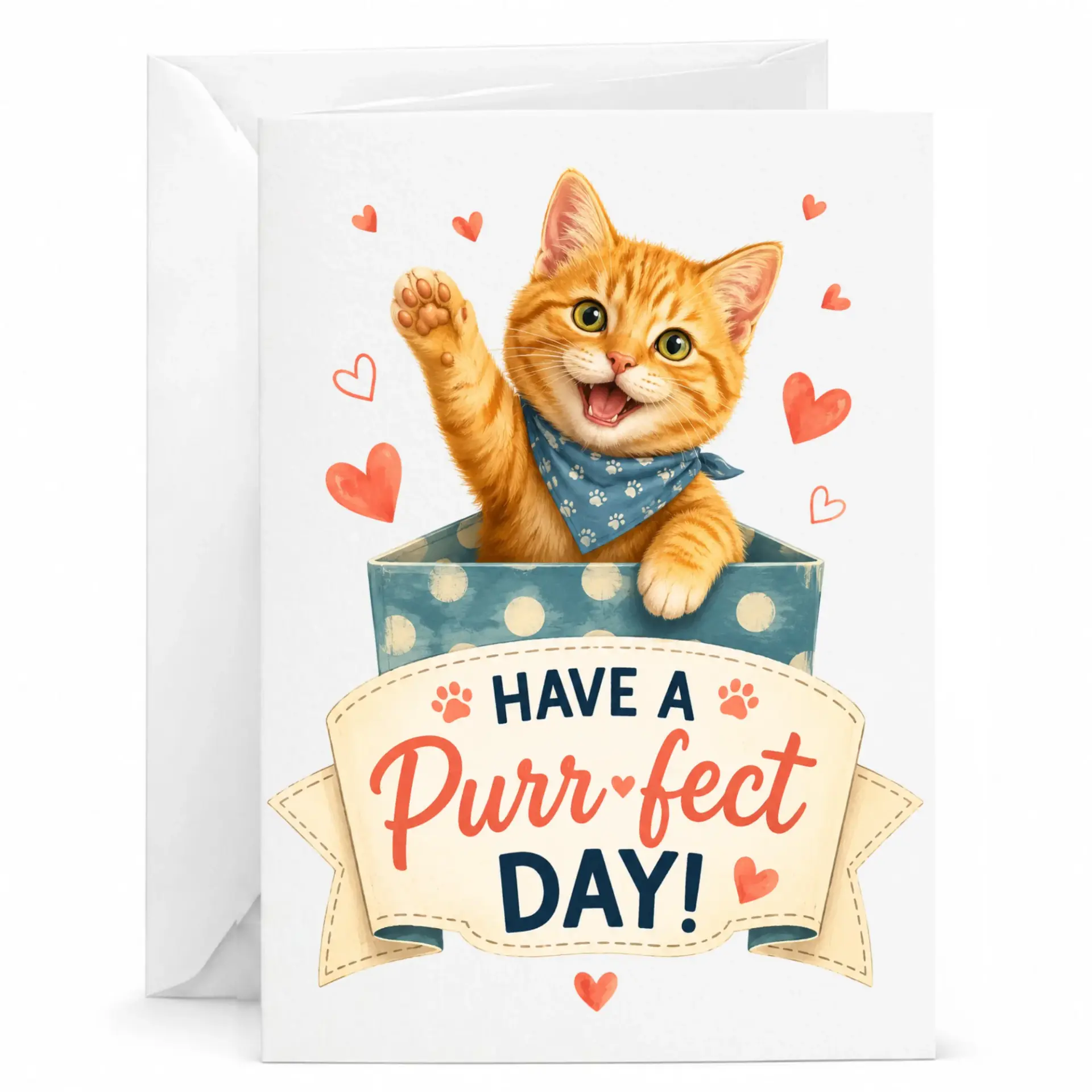 Greeting Card Have a Purrfect Day Cute Orange Tabby Cat Funny Illustration Stationery for Any