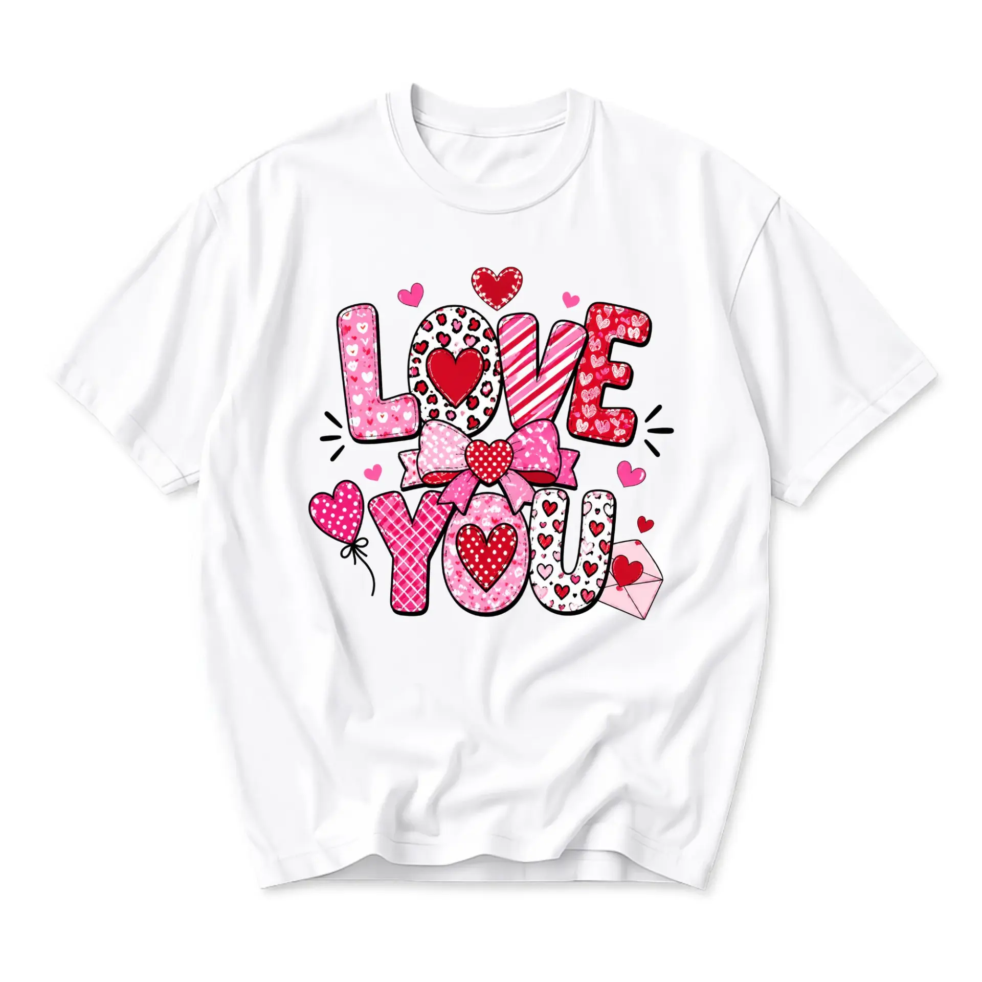 Graphic Tee Love You Valentine Themed Heart Pattern Print Casual Short Sleeve Unisex Crew Neck Comfort Shirt