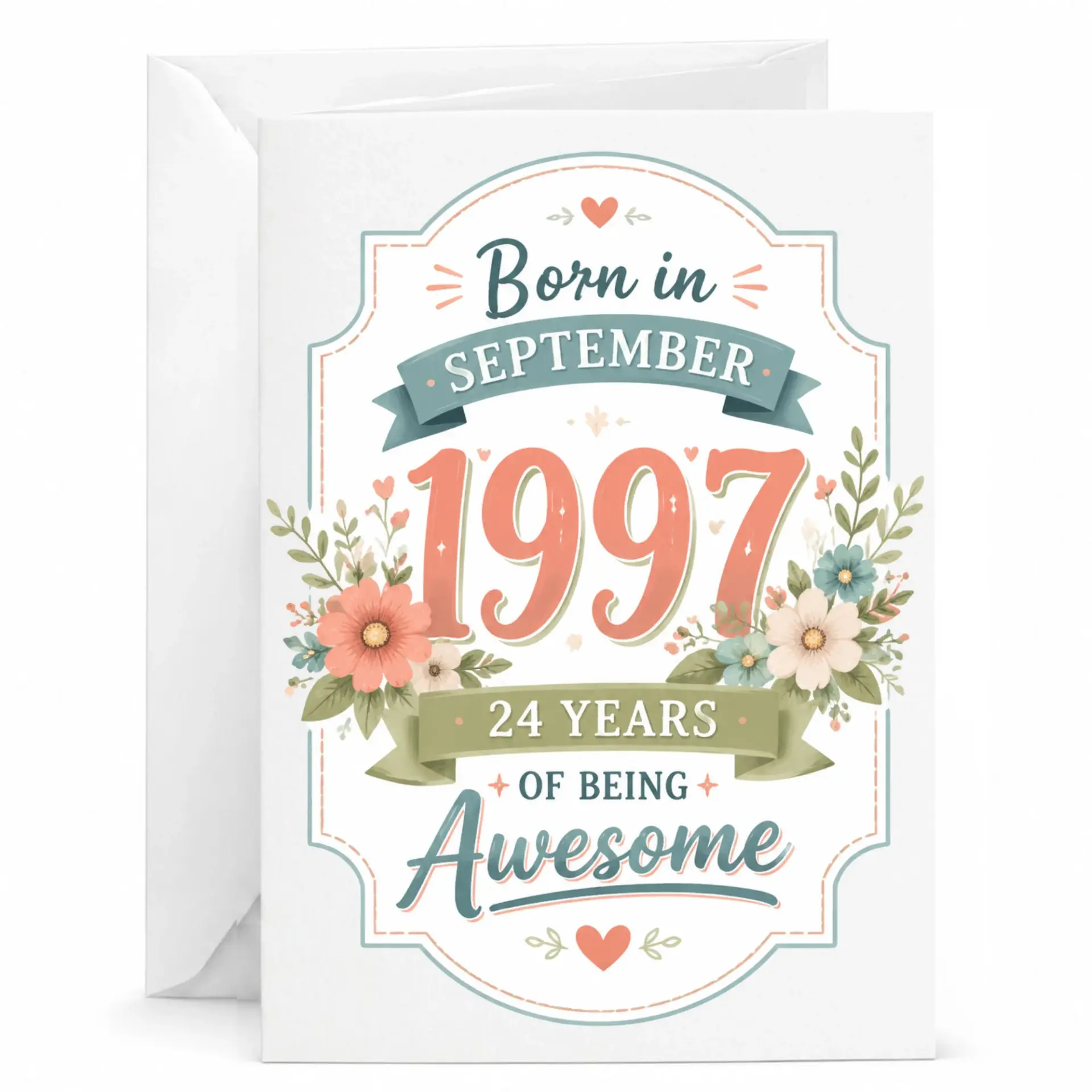 Birthday Card Born in September 1997 24 Years of Being Awesome Floral Greeting Card with Matching White Envelope