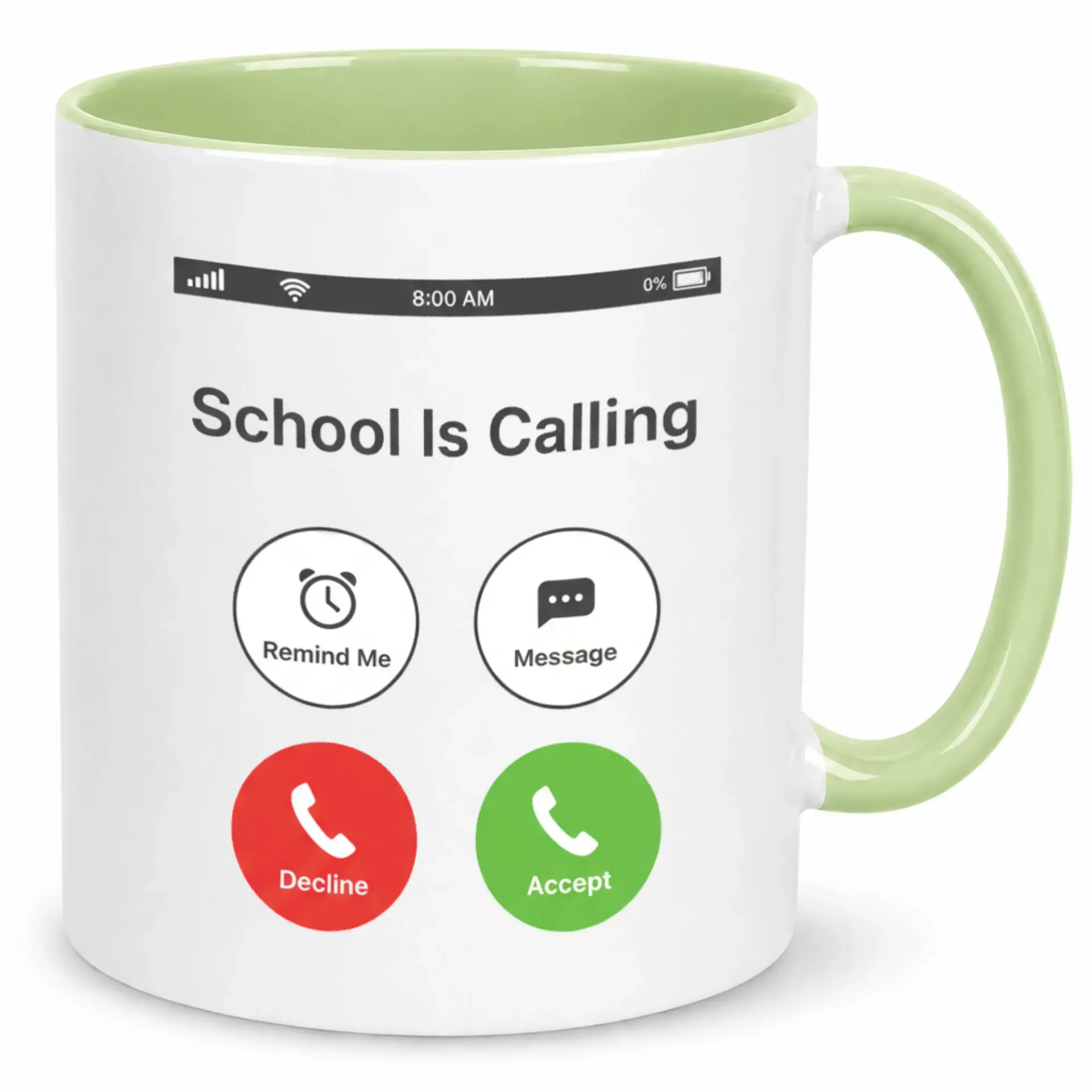 Funny Coffee Mug with School Is Calling Design, Incoming Call Themed White Ceramic Tea Cup with Light Green Handle, 11 Oz or 15 Oz Drinkware Gift