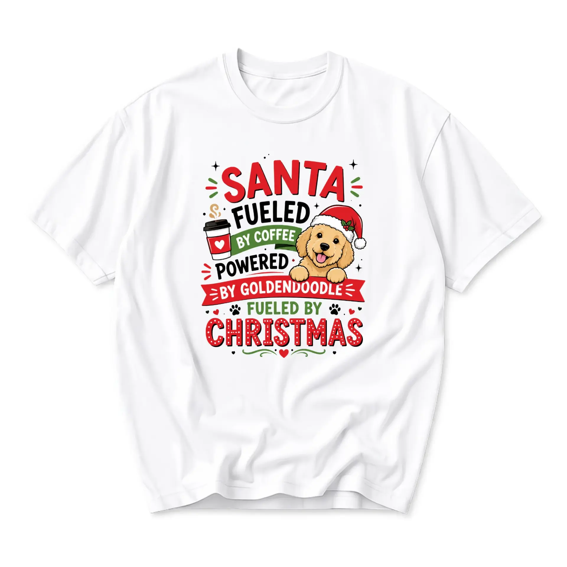 Funny Shirt Santa Fueled by Coffee Powered by Goldendoodle by Christmas