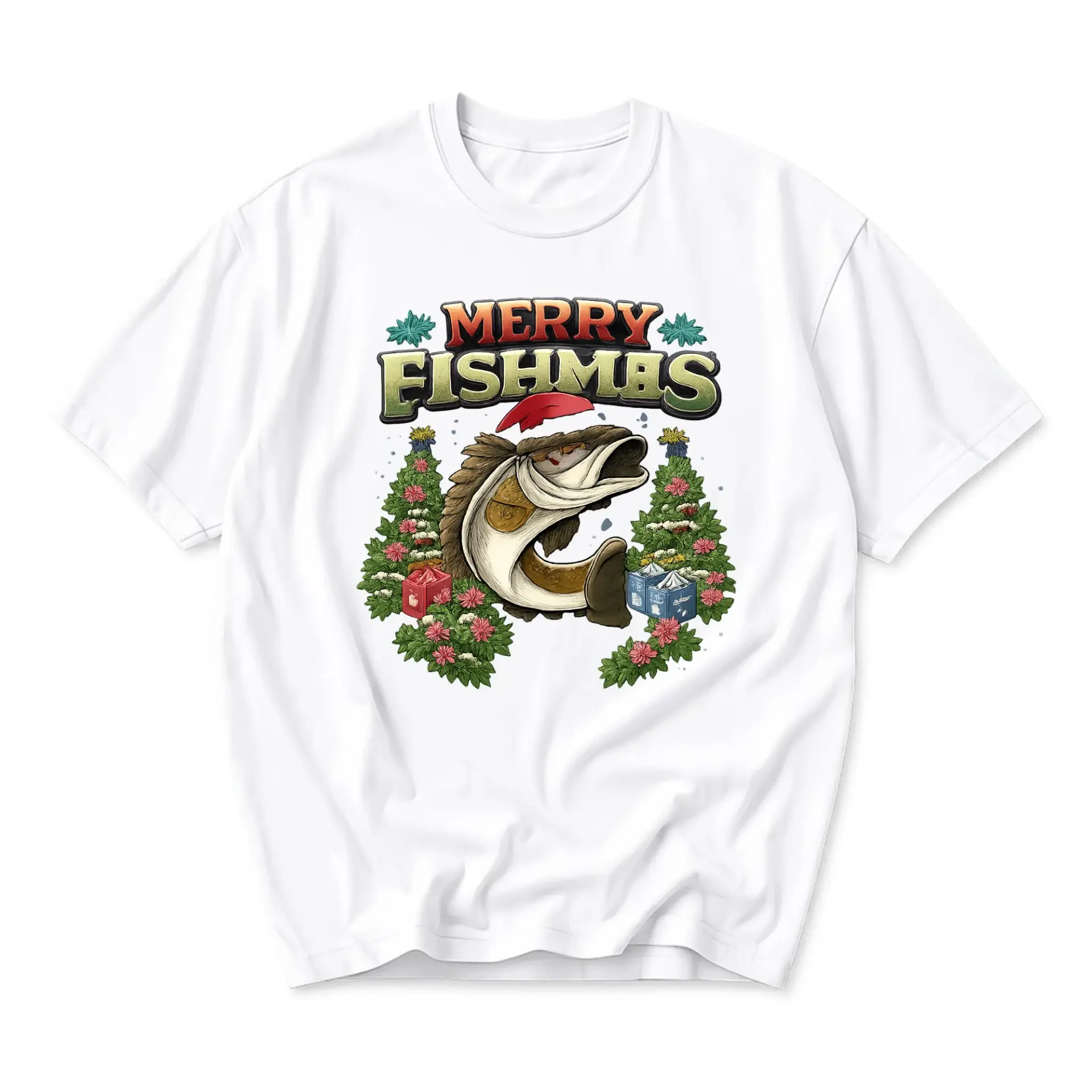 Funny Shirt Merry Fishmas Fishing Holiday Graphic Tee Casual Unisex Crew