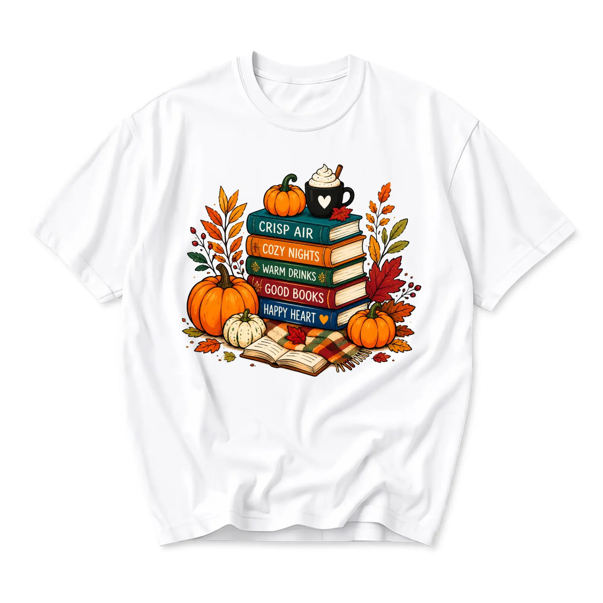 T-shirt Seasonal Autumn Reading Graphic Tee Cozy Fall Pumpkin Books Art Printed Short Sleeve Unisex Casual Top