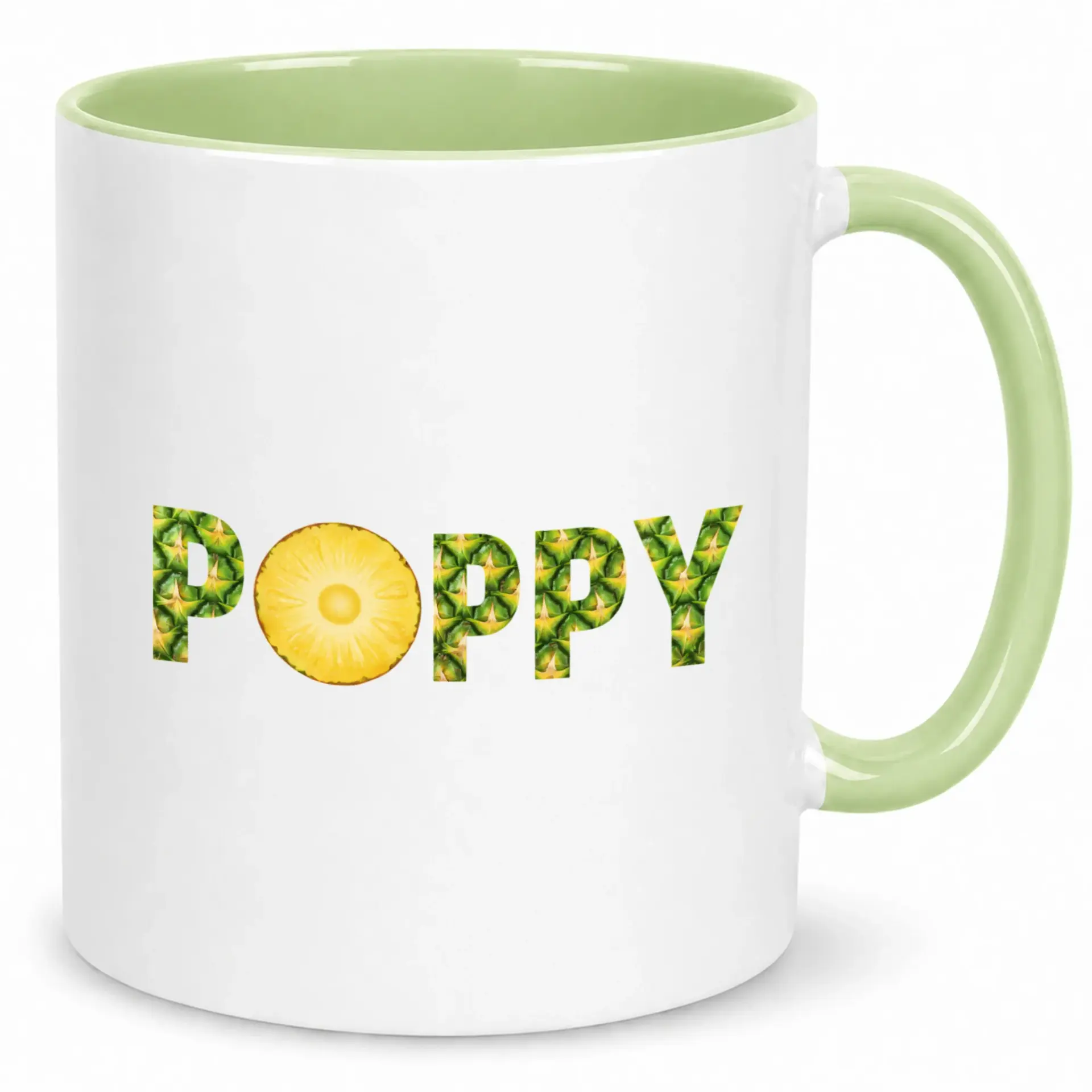 Poppy Pineapple Accent Ceramic Coffee Mug with Green Handle, 11 Oz or 15 Oz Kitchen Drinkware for Home & Office