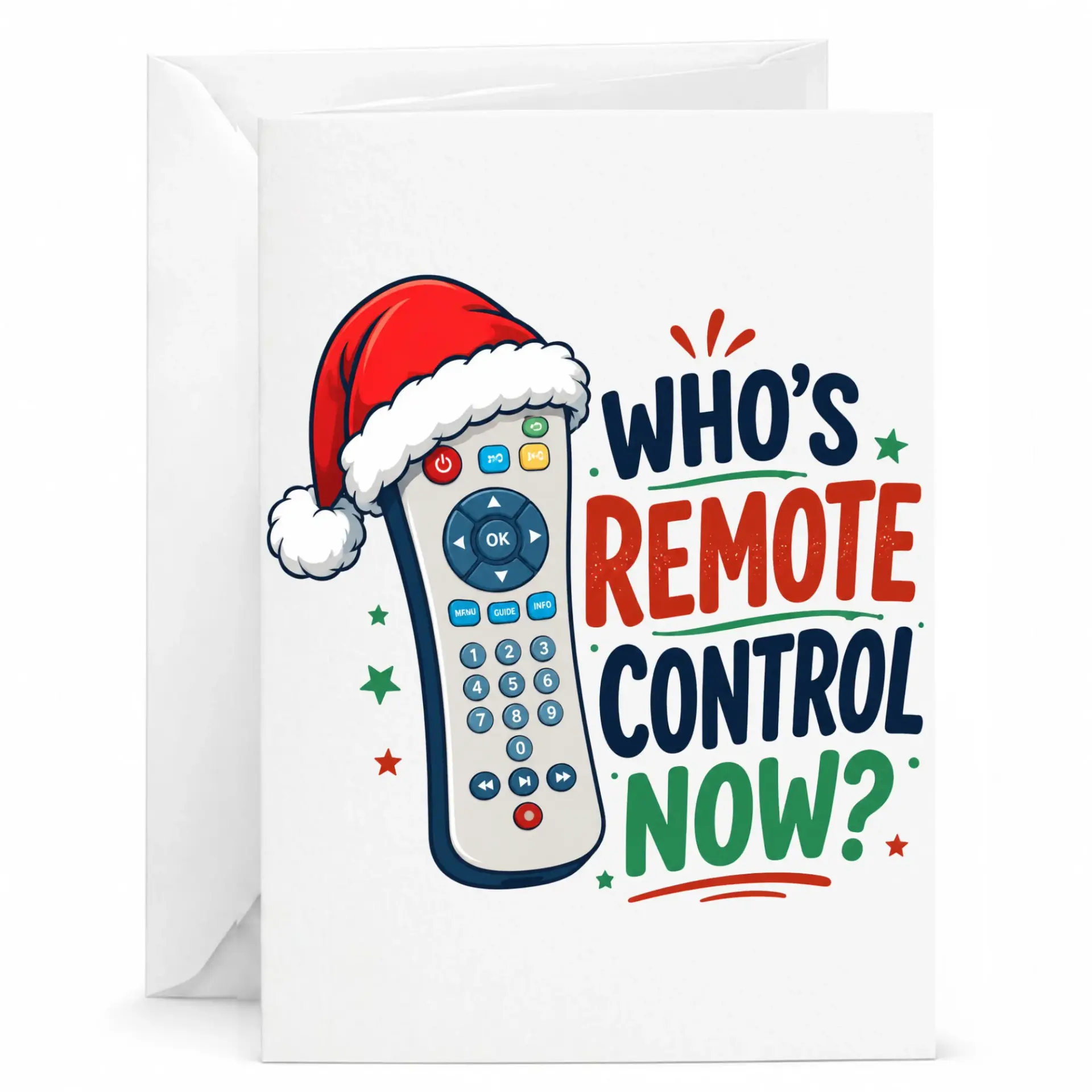 Funny Christmas Greeting Card with Santa Hat Remote Control Design for Holiday Humor and Festive Celebrations