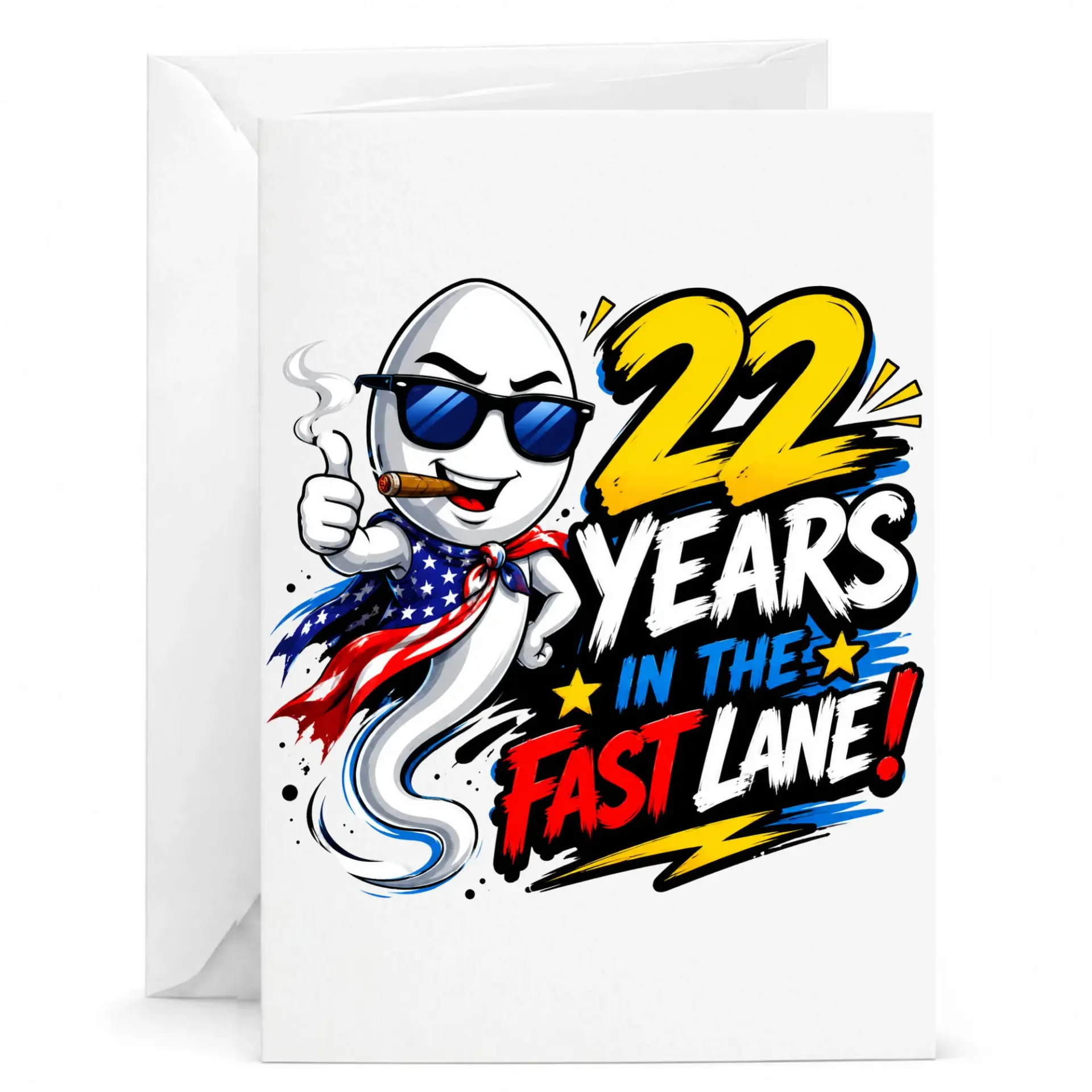 Funny 22 Years in the Fast Lane Birthday Card for Anniversary Milestone Celebration with Patriotic Themed Character