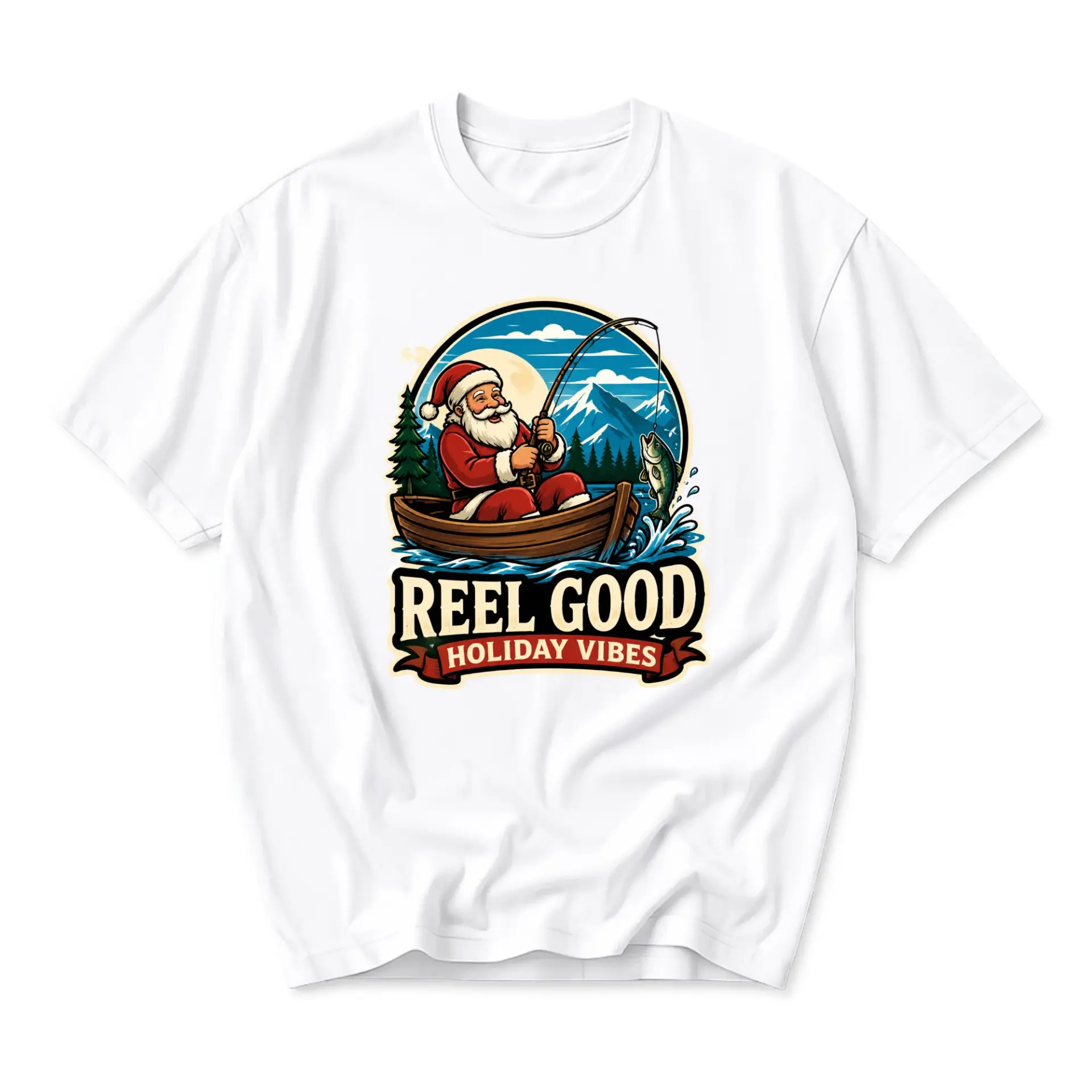 Graphic Tee Reel Good Holiday Fishing Santa Shirt Unisex Casual Crew Neck