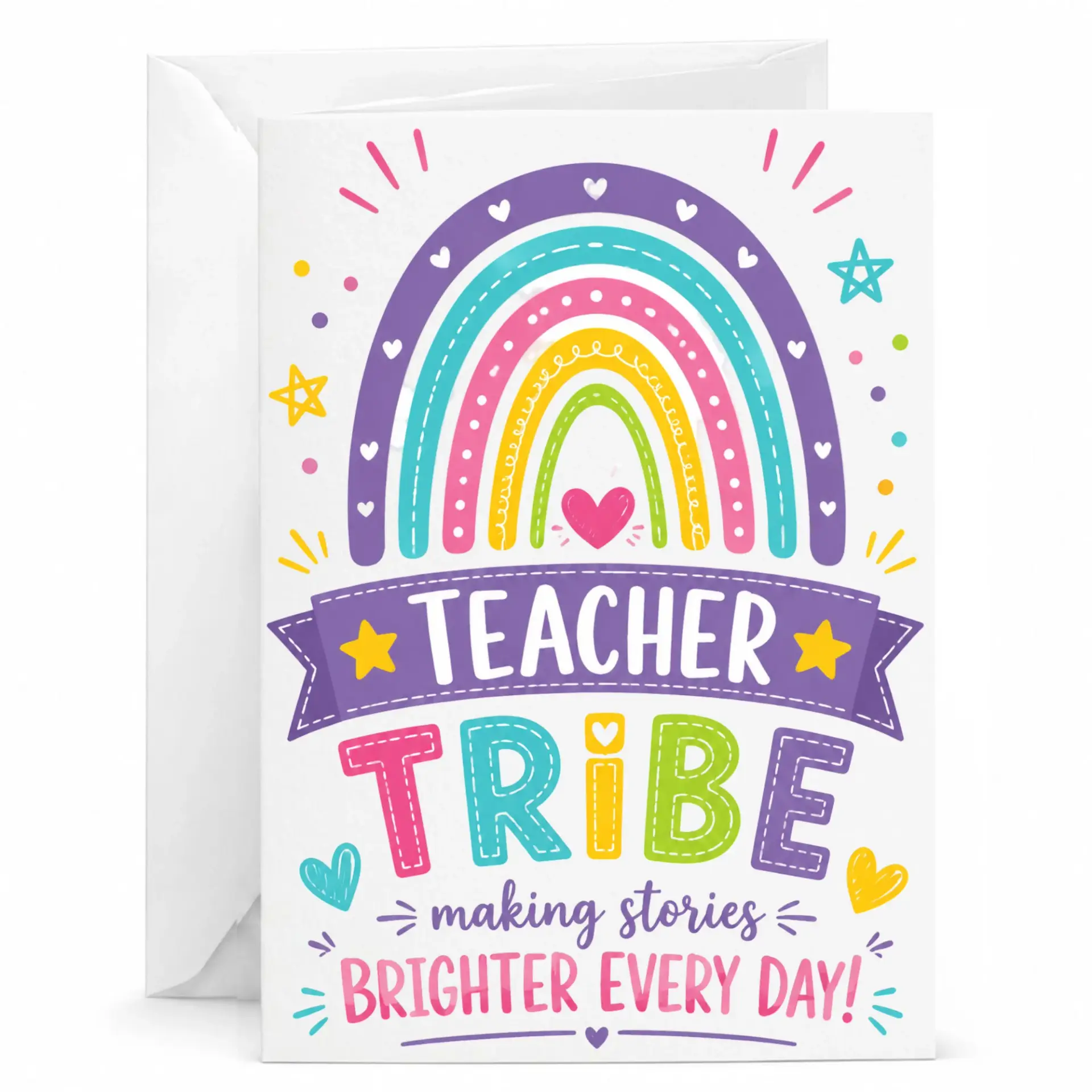Greeting Card Teacher Appreciation Rainbow Design Note for Educators and Mentors with Matching White Envelope 5x7 Inches