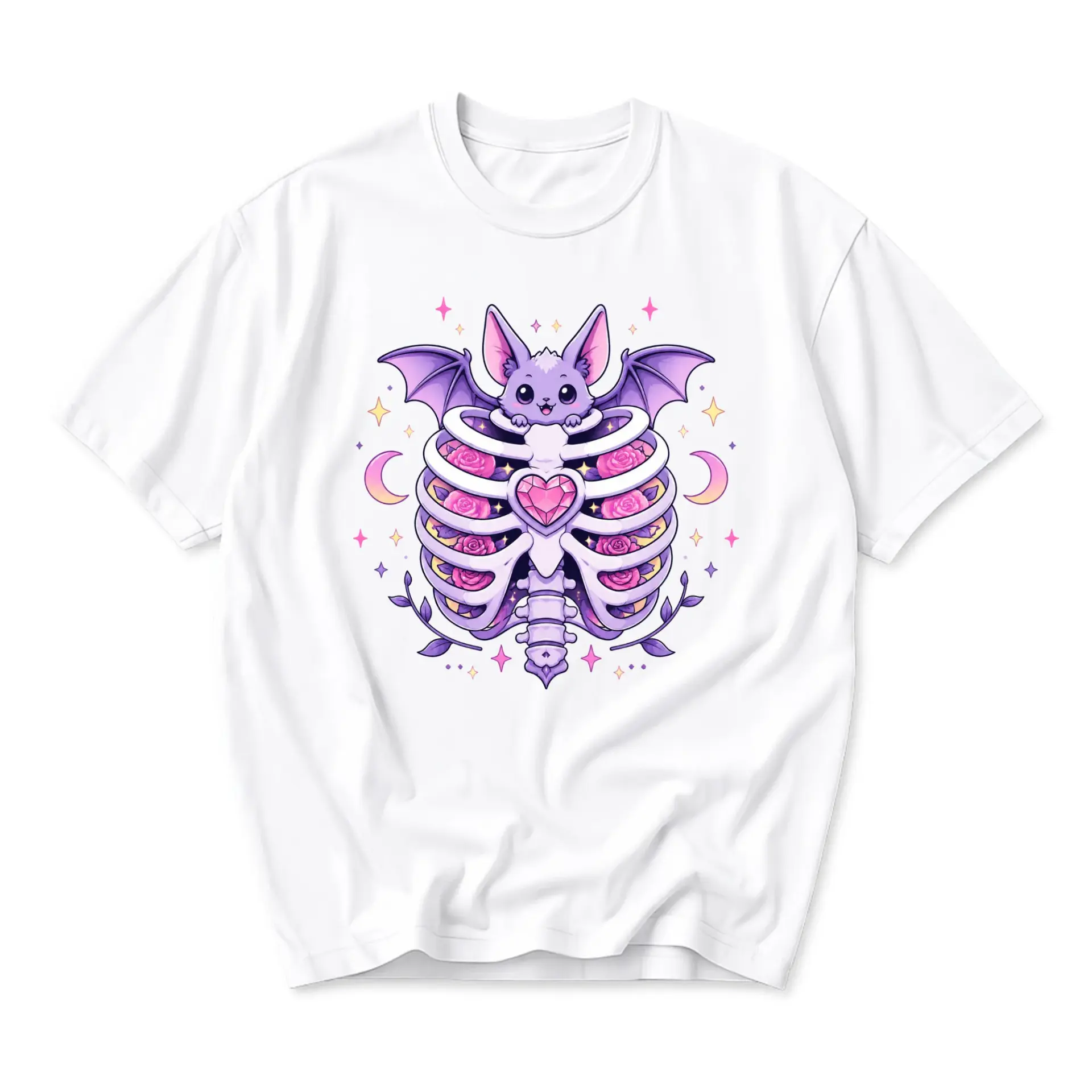 Graphic Tee Unisex Casual Shirt Featuring Cute Purple Bat with Skeleton Ribcage and Rose Flowers Illustration