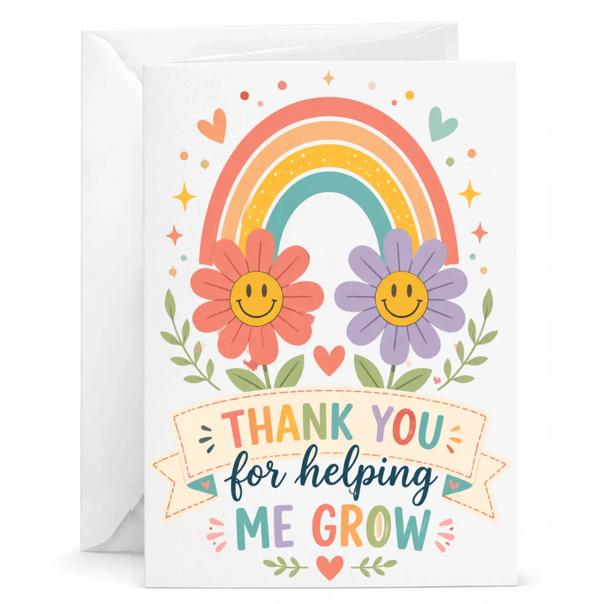 Card with Whimsical Rainbow and Floral Design for Gratitude Appreciation Matching White Envelope