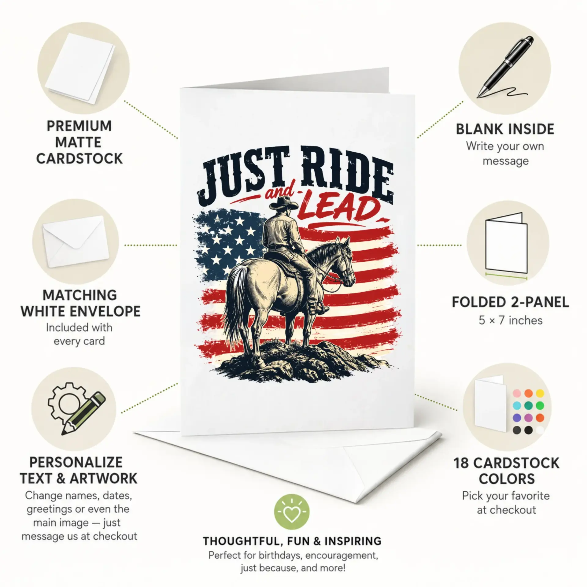 Greeting Card Just Ride and Lead Western Cowboy Horse Art with Patriotic American Flag Graphic for Any Occasion