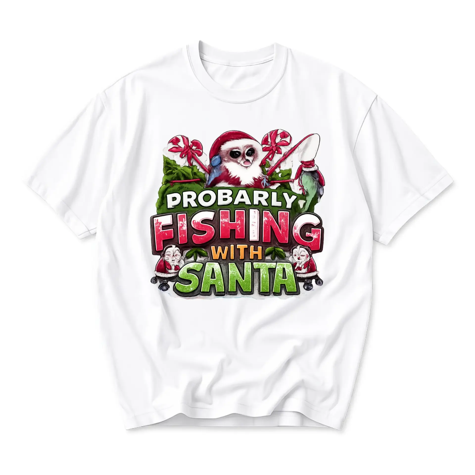 Funny Shirt Probably Fishing with Santa Holiday Graphic Tee Unisex Casual