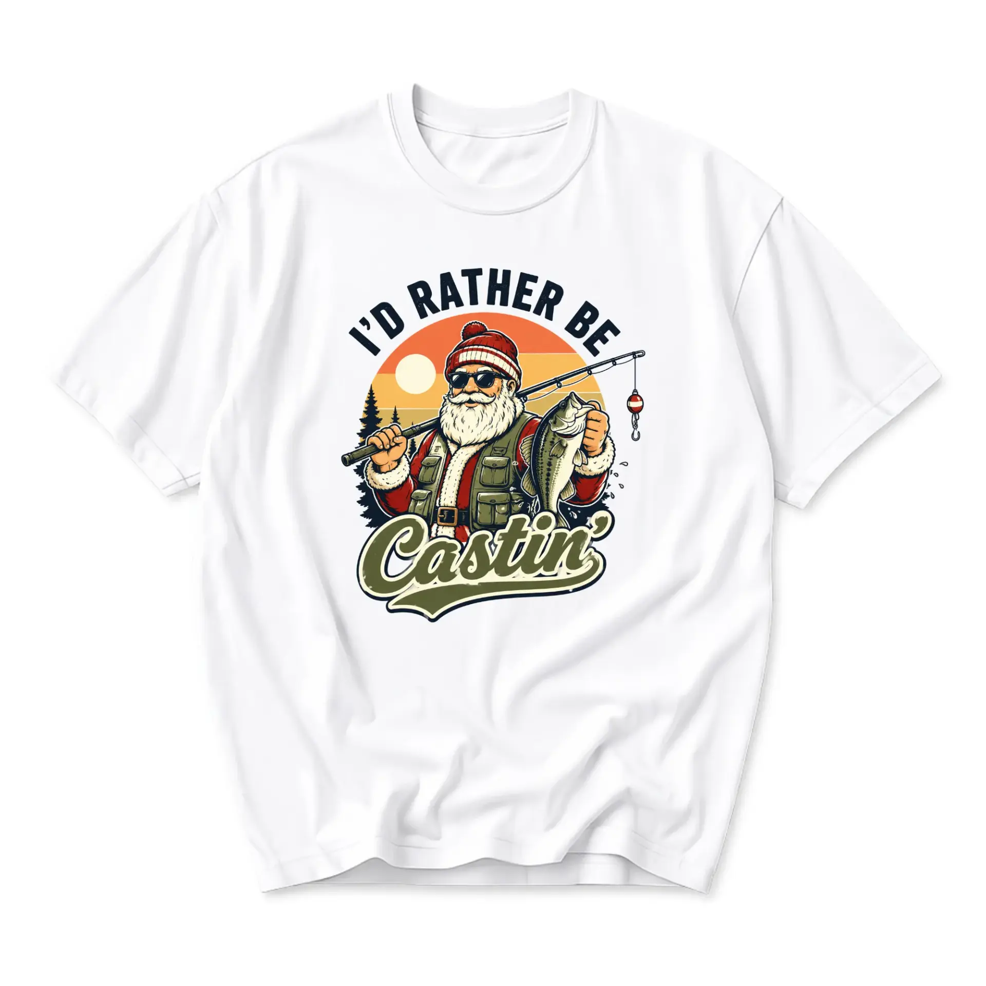 Funny Shirt I'd Rather Be Castin Fishing Santa Unisex Graphic Tee Short Sleeve Casual Holiday Apparel White