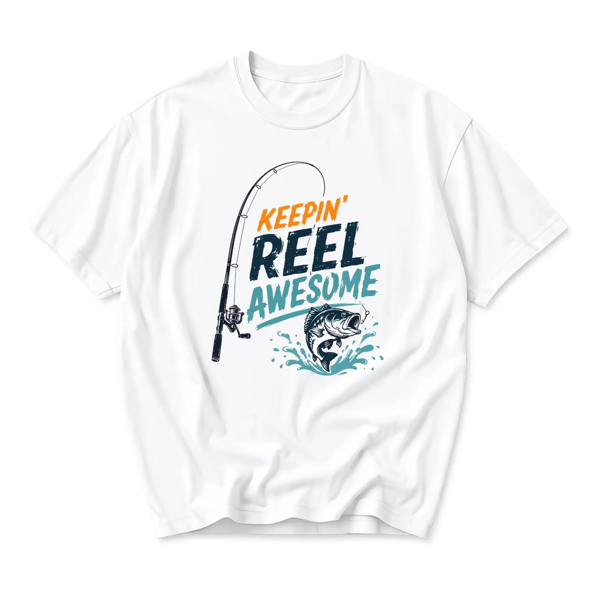 Funny Shirt Keepin Reel Awesome Fishing Graphic Tee Unisex Short Sleeve Crew Neck Casual Cotton Blend Apparel