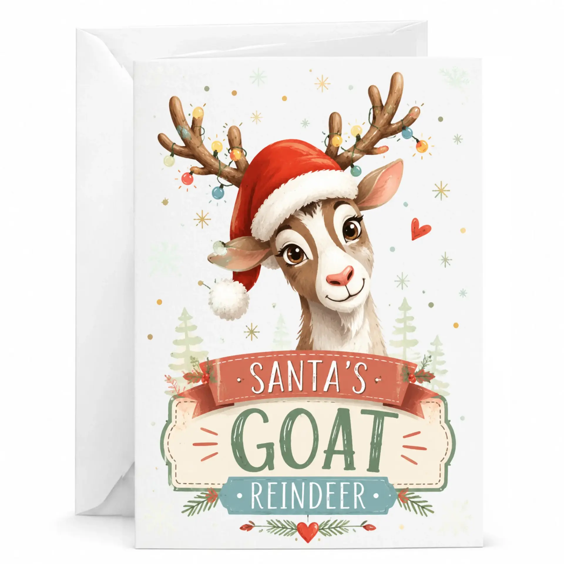 Funny Christmas Greeting Card Santa Goat Reindeer Holiday Seasonal Stationery for Winter Celebration and Greeting