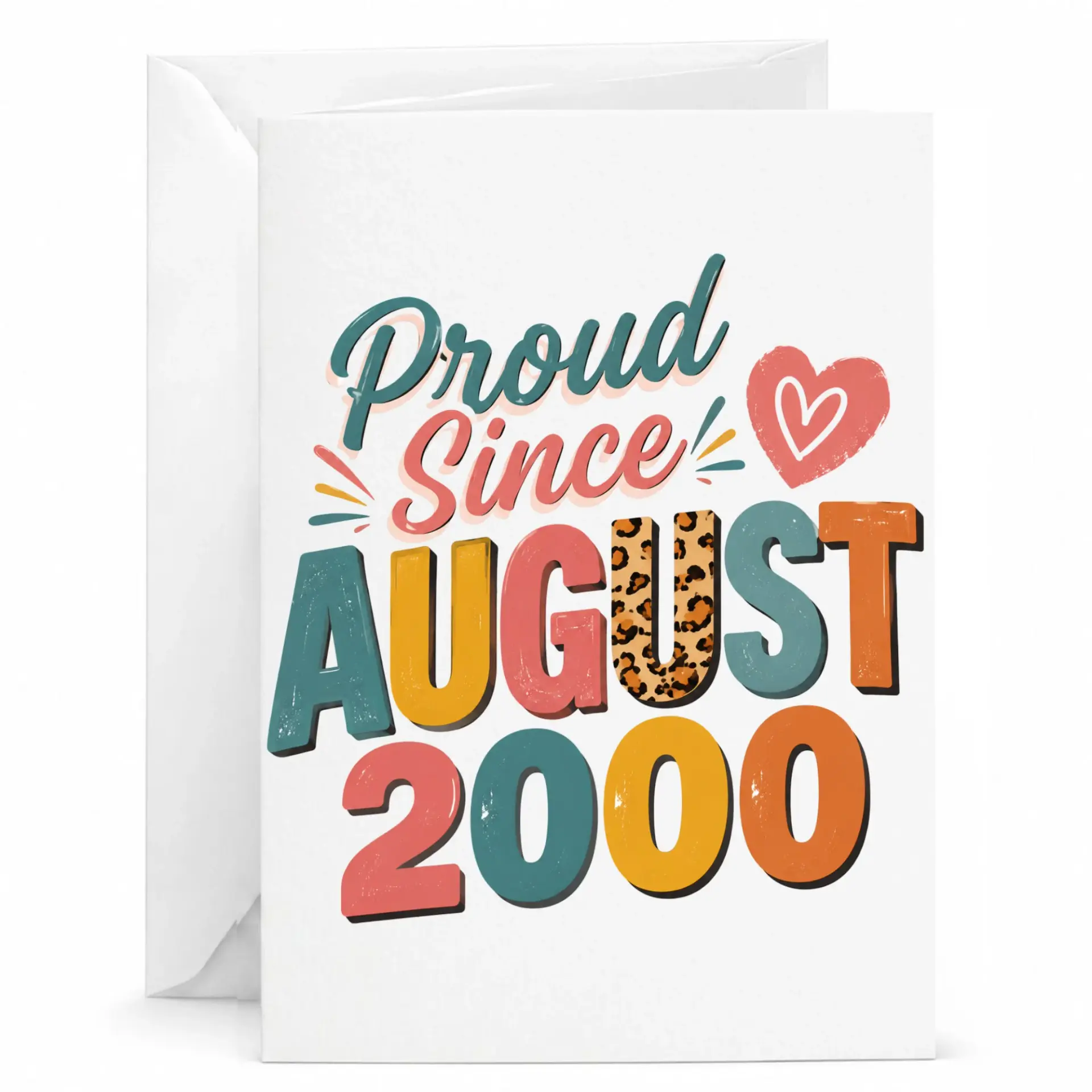 Birthday Greeting Card Proud Since August 2000 Retro Typography Design with Leopard Print Detail and Matching Envelope