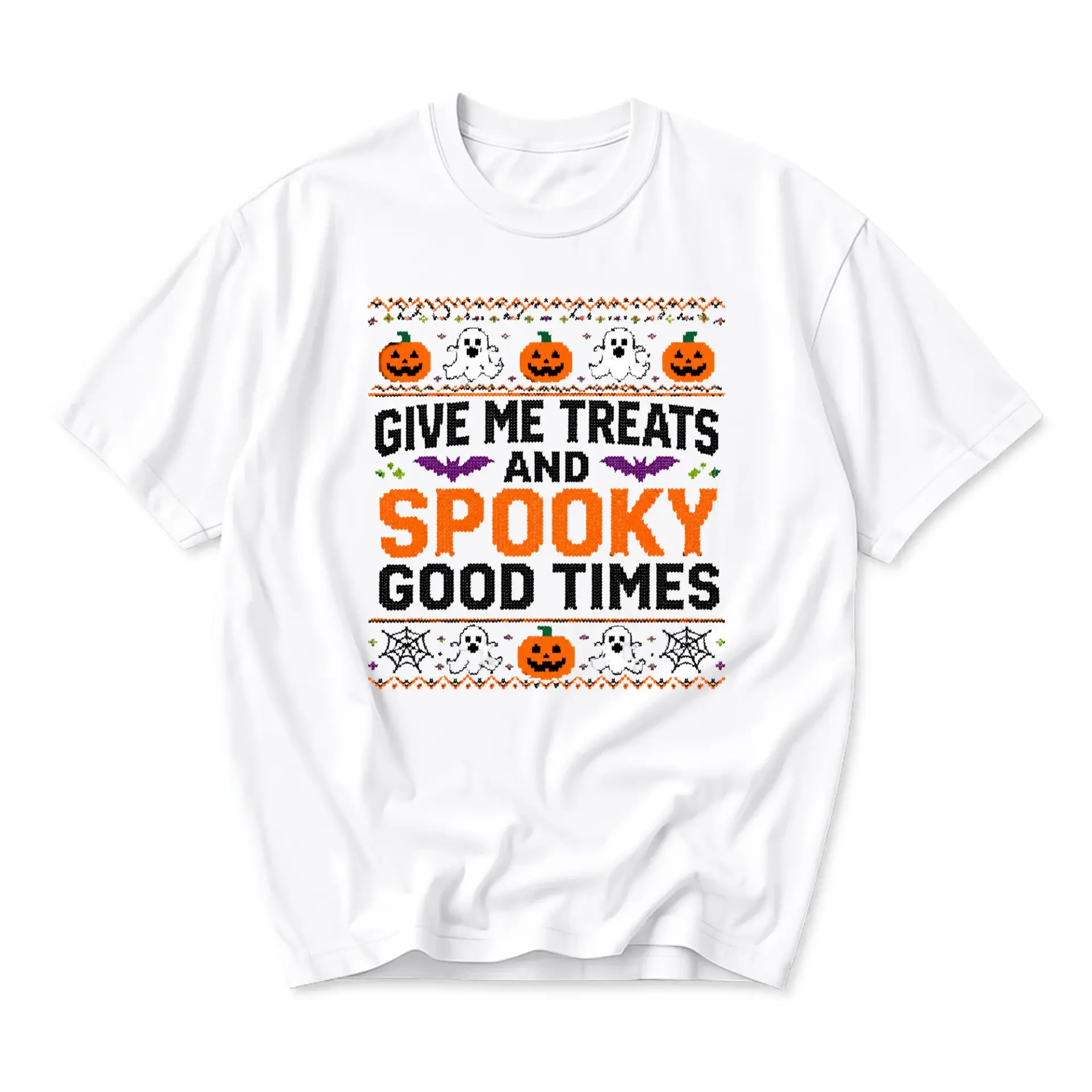 Funny Shirt Give Me Treats and Spooky Good Times Graphic Tee Casual Short Sleeve Unisex Cotton Crew Neck Top