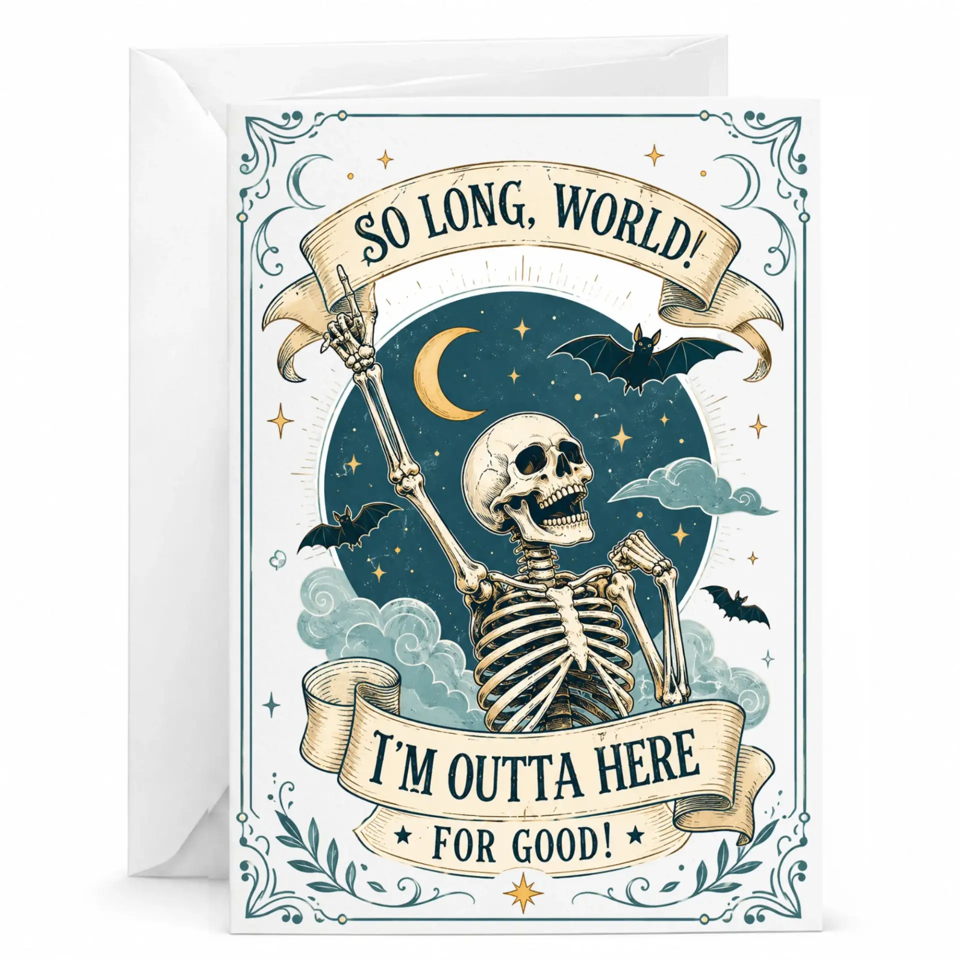 Funny Skeleton Farewell Greeting Card so Long World Leaving Stationery for Retirement or Goodbye Parties