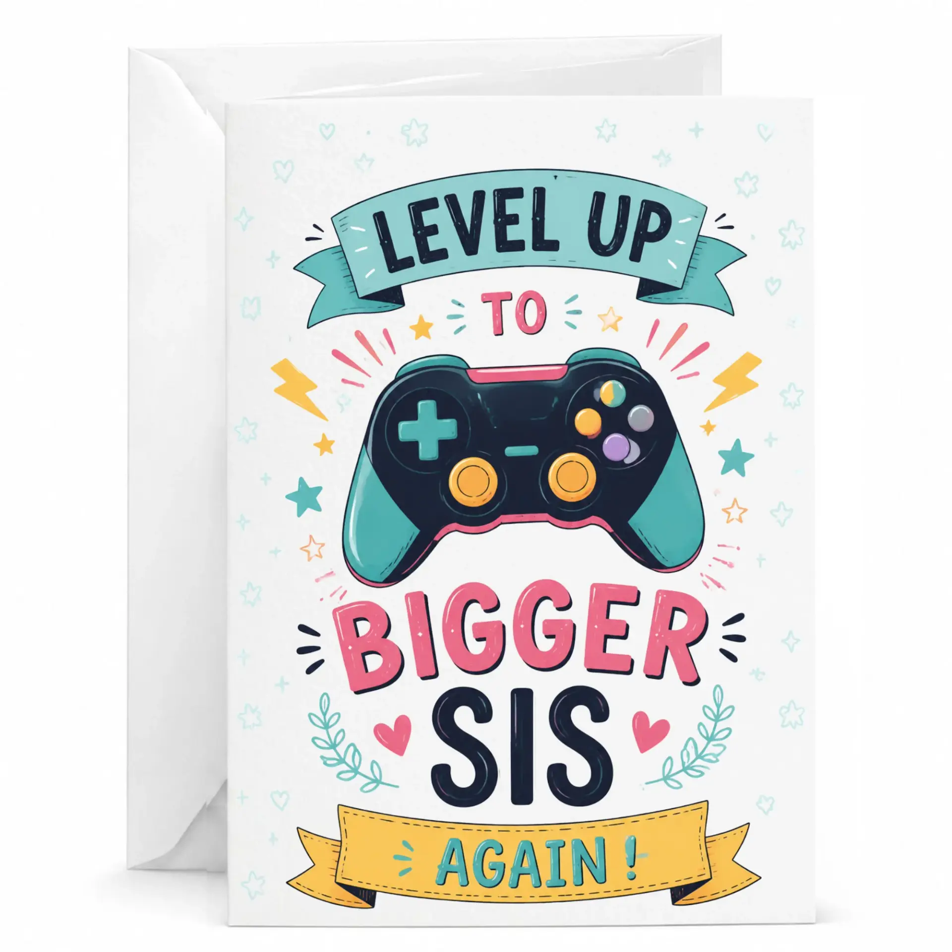 Greeting Card Level up to Bigger Sis Again Video Game Inspired Design for Sister Announcement Celebration